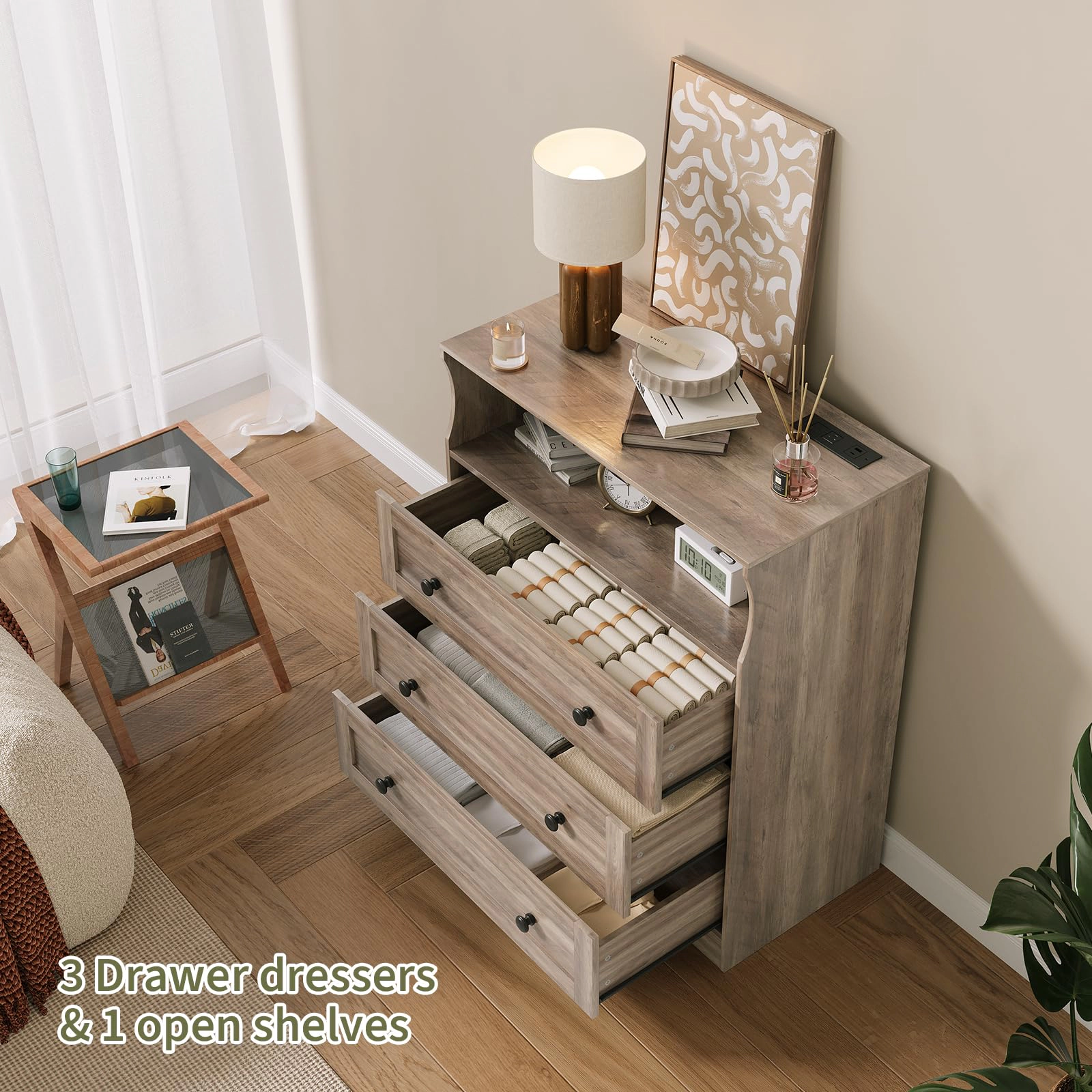 37.2" 3 Drawer Dresser with LED Lights & Charging Station, Wood Storage Chest Open Shelf