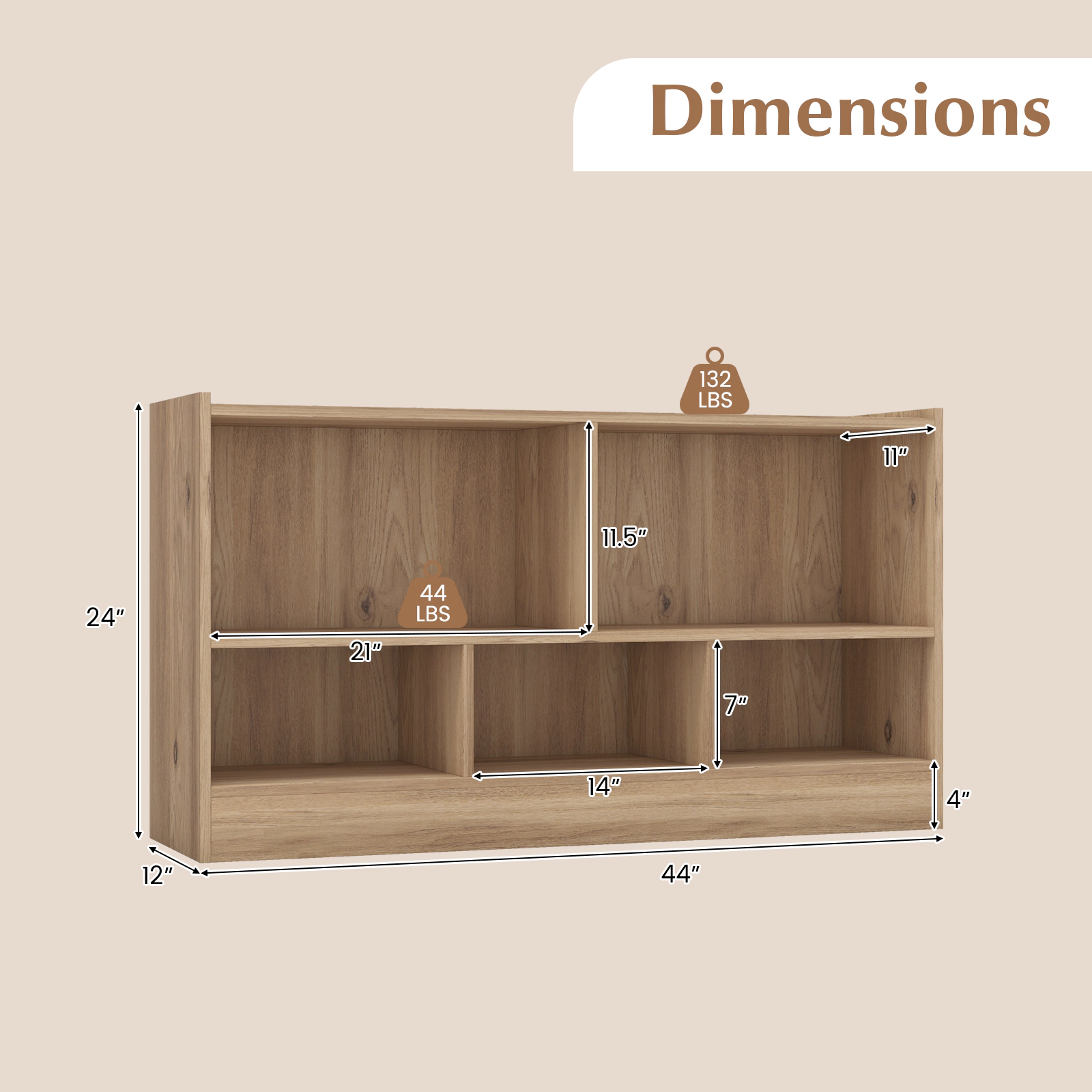 SUGIFT Kids 2-Shelf 5-Cube Wood Toy Storage Bookcase Organizer 132-lb Top Capacity Natural