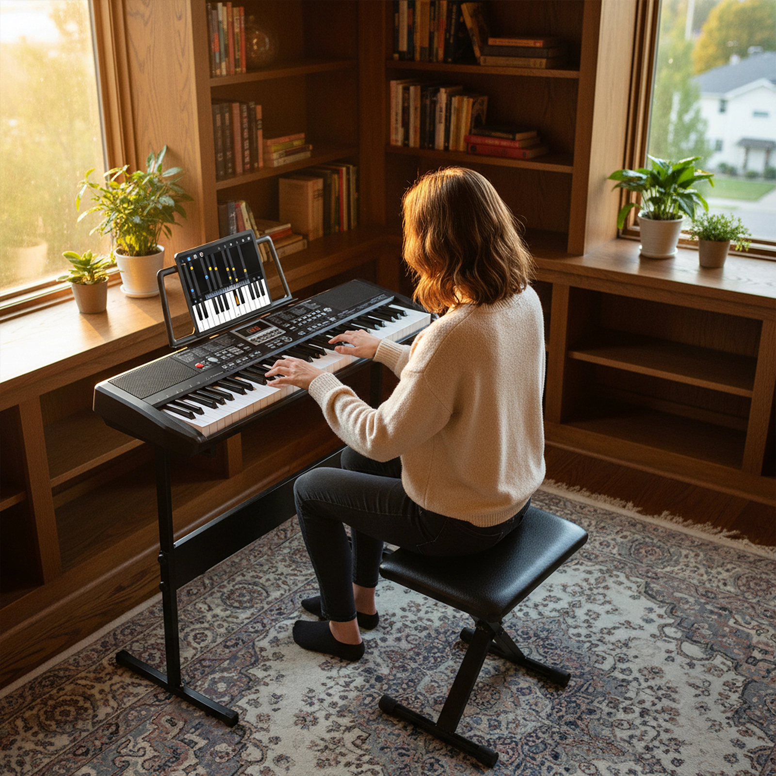 SUGIFT 61-Key Beginners Electric Piano Keyboard Kit with Adjustable Stand and Stool Black