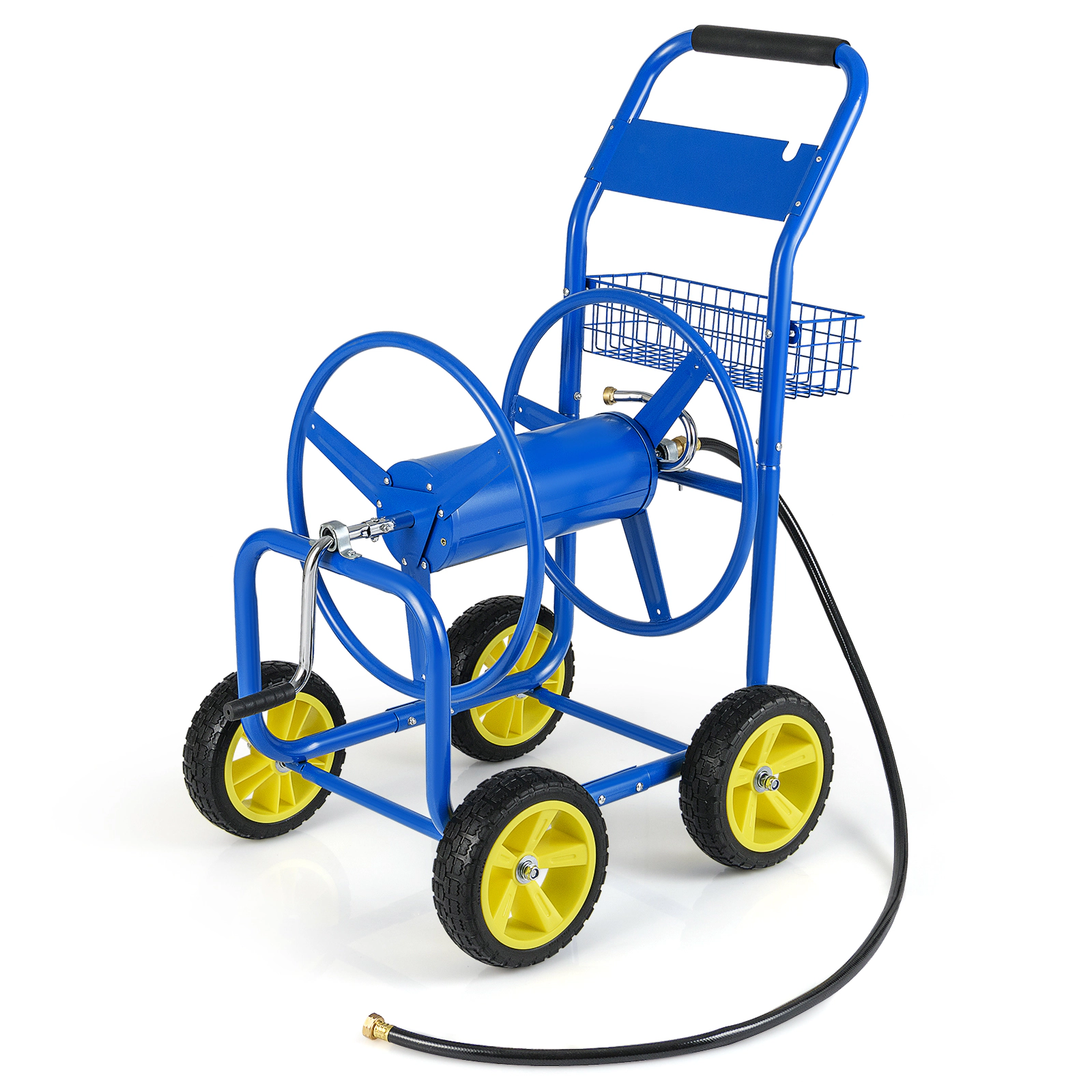 SUGIFT Garden Hose Reel Cart Metal Organizer with 4 Wheels and Storage Basket