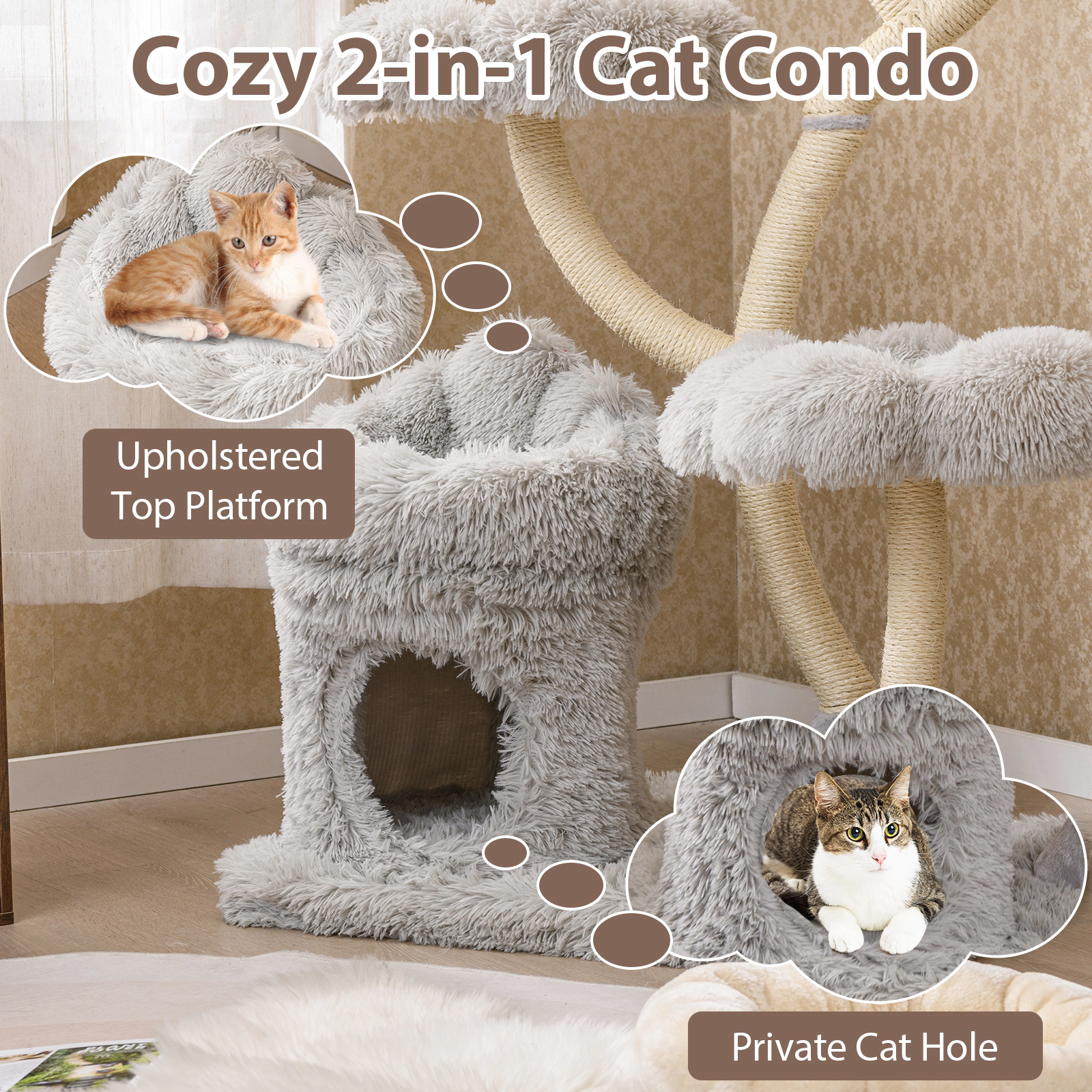 SUGIFT 4-Tier Freestanding Cat Tree Tower with Flower-Shaped Platforms and Sisal Posts 28.5-lb Capacity White/Gray