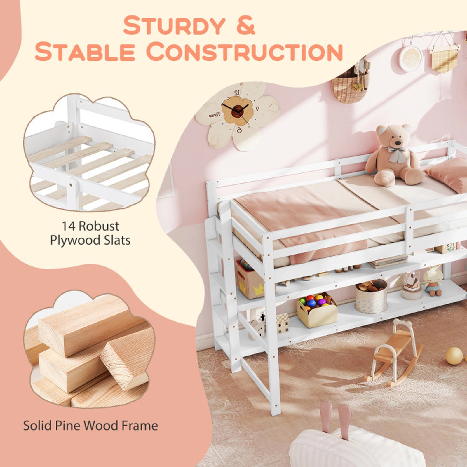 SUGIFT White 2 Storage Shelves Full-Length Guardrails and Ladder Twin Kids Loft Bed
