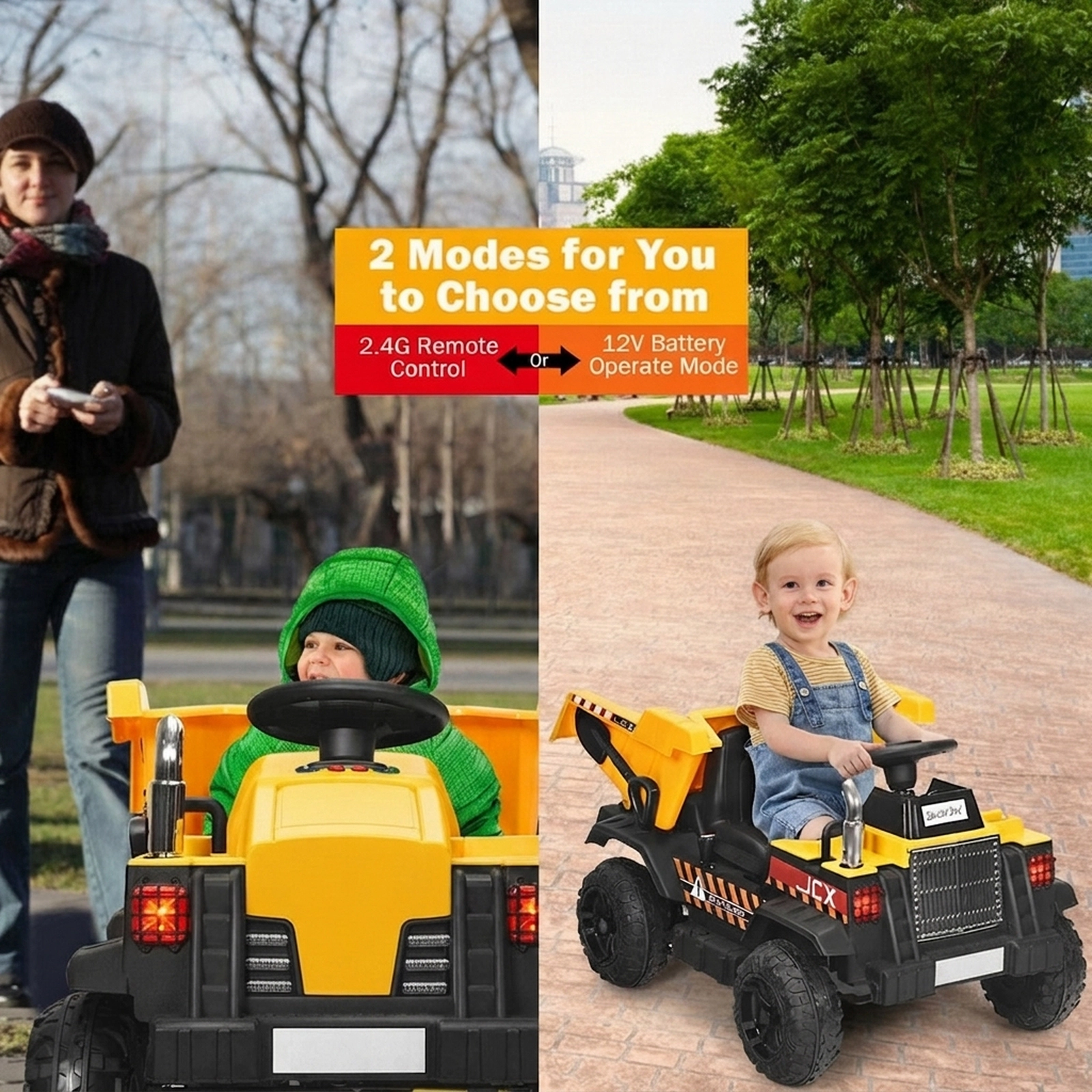 12V Kids Ride On Dump Truck Electric Bucket Detachable Shovel Parent Remote 42.5-in Construction Toy Ages 3-8 Yellow