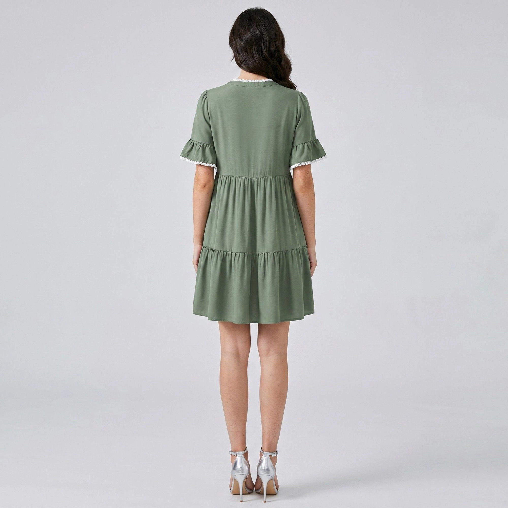 Anna-Kaci Women's Lace Trim V Neck Flutter Sleeve Tiered Gathered Waist Flowy Relaxed Silhouette Mini Dress