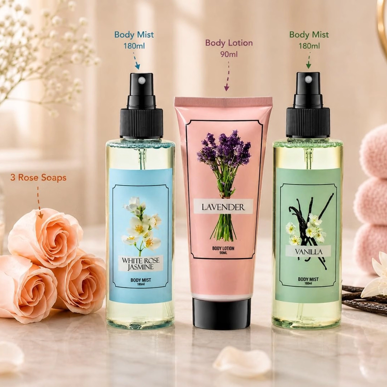 Freida and Joe  Women White Rose Jasmine Lavender Set – Elegant Mother's Day Spa Set