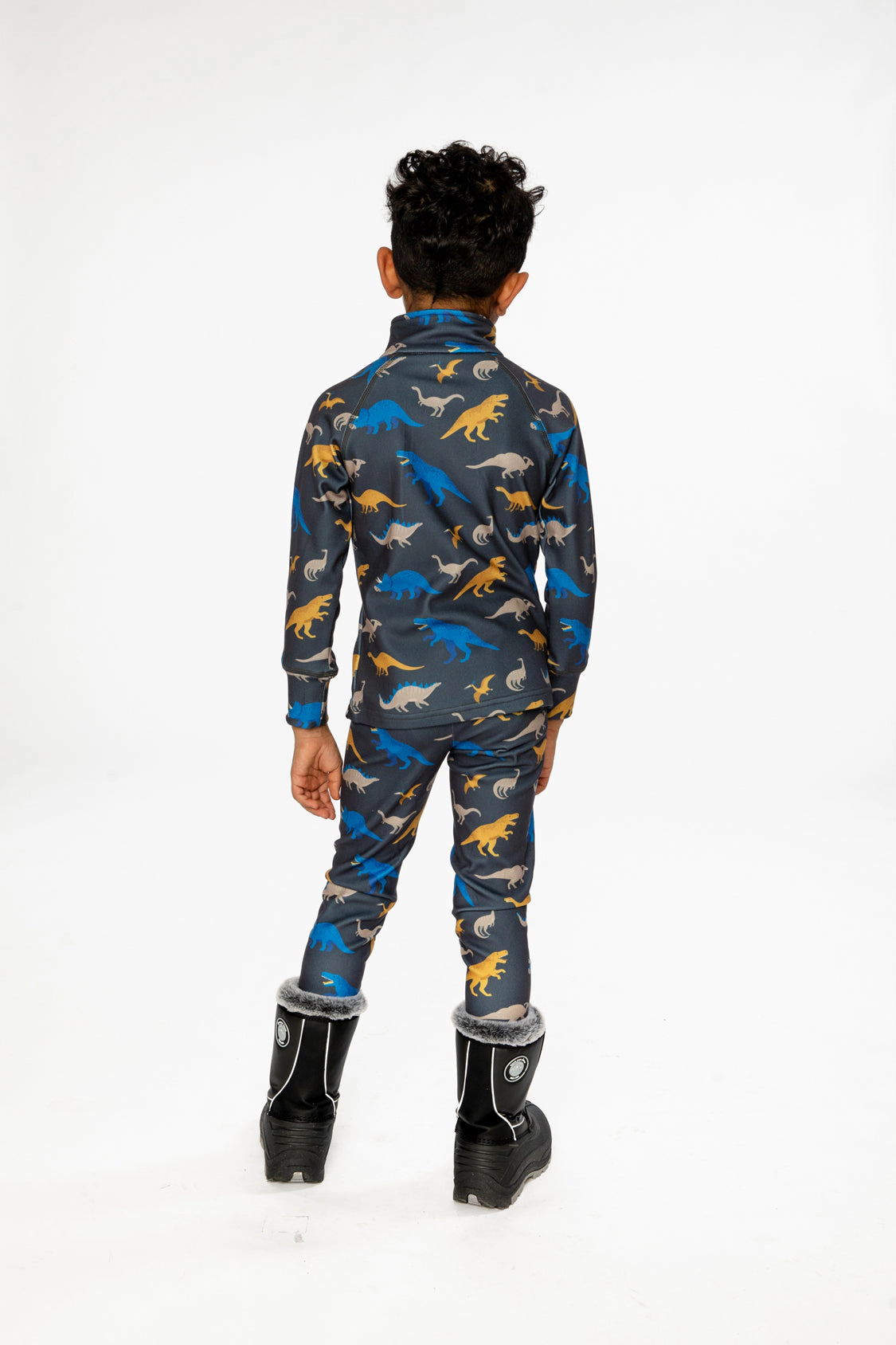 Deux par Boys Two Piece Dinosaur Print Half-Zip Thermal Underwear Top and Pants Set