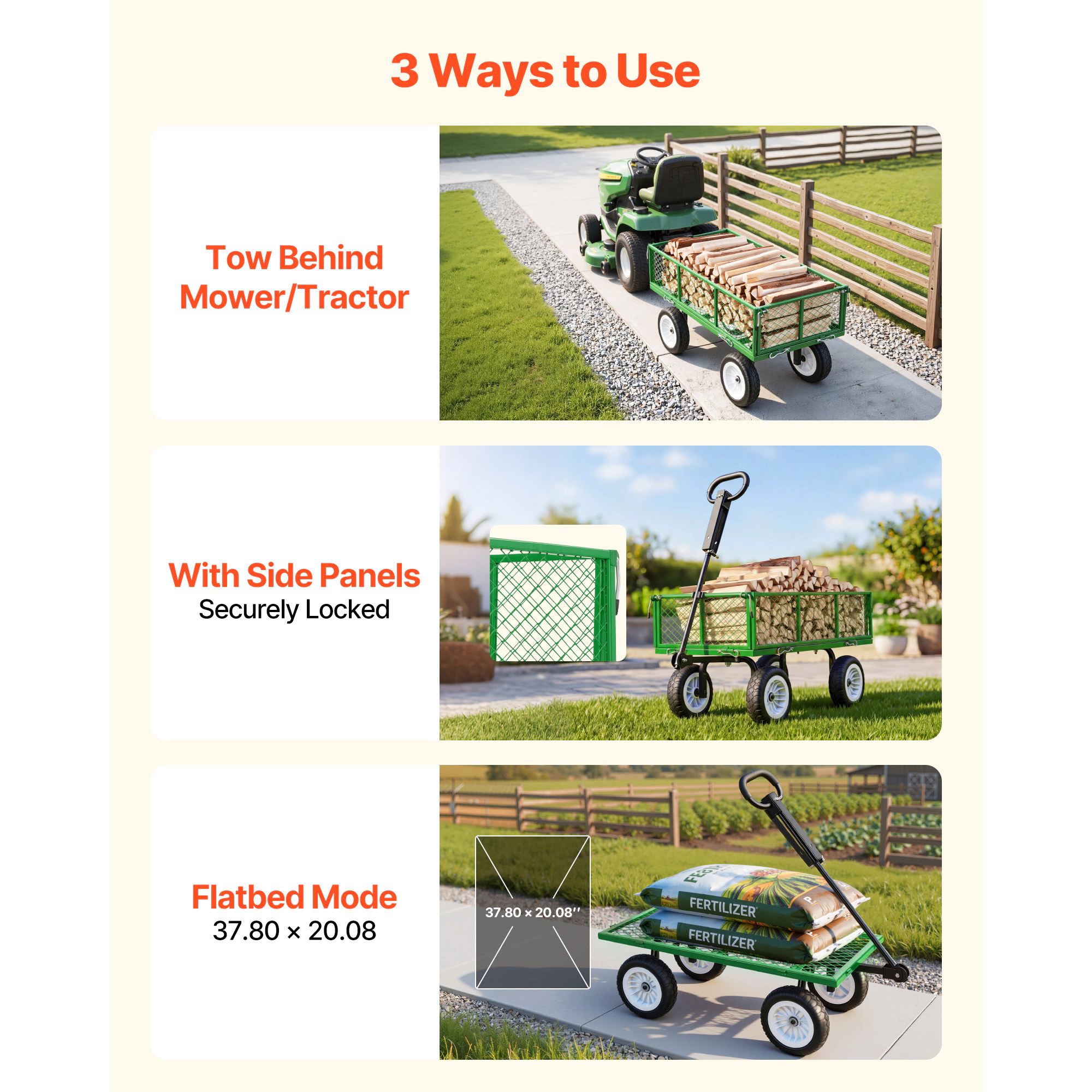 HONGGE Garden Cart 900 LBS Heavy Duty Steel Yard and Garden Utility Wagon with 10-Inch Tires Outdoor Gardening Stool