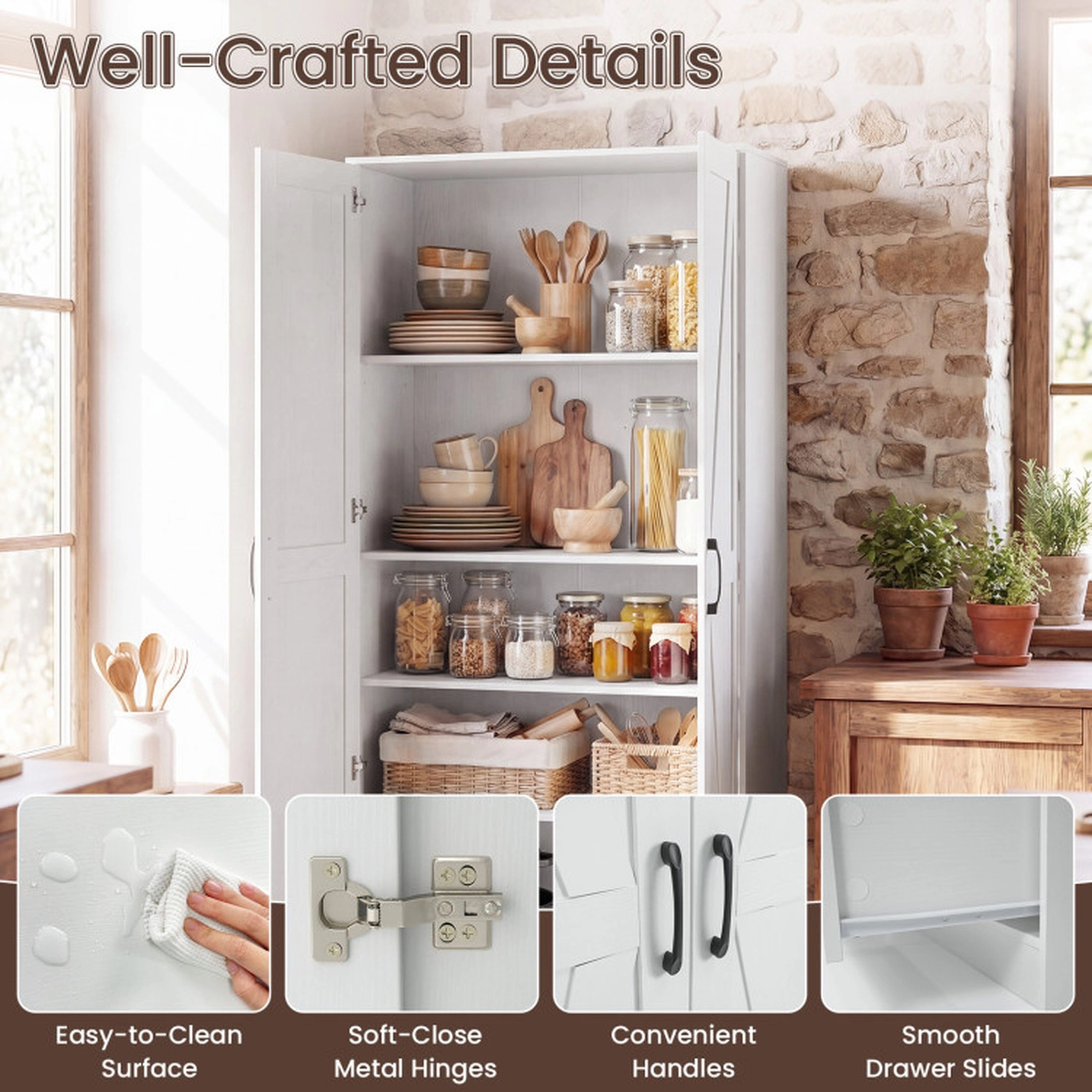 SUGIFT 72-in Tall 5-Tier Kitchen Pantry Sideboard Cabinet with Drawer 230-lb Capacity White Rustic Brown