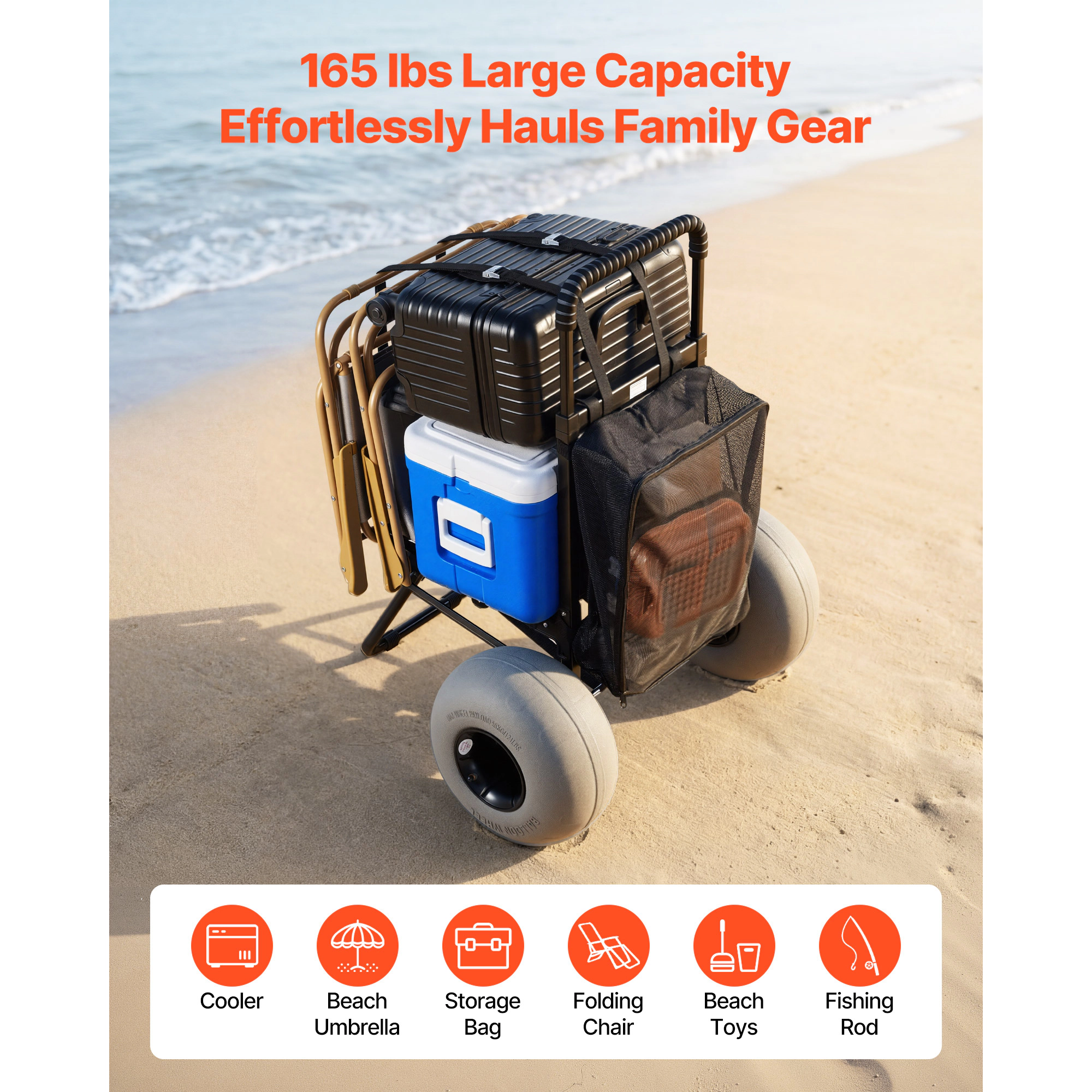 HONGGE Heavy Duty Folding Sand Cart with 12" Balloon Wheels for Beach Camping, 165 lbs Load Capacity