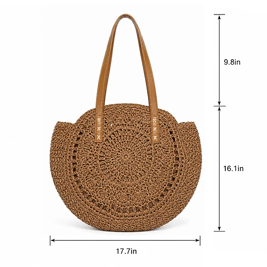 Alilang Women's Round Woven Straw Tote Bag with Zip Closure Shoulder Handles and Slip Pocket, Khaki