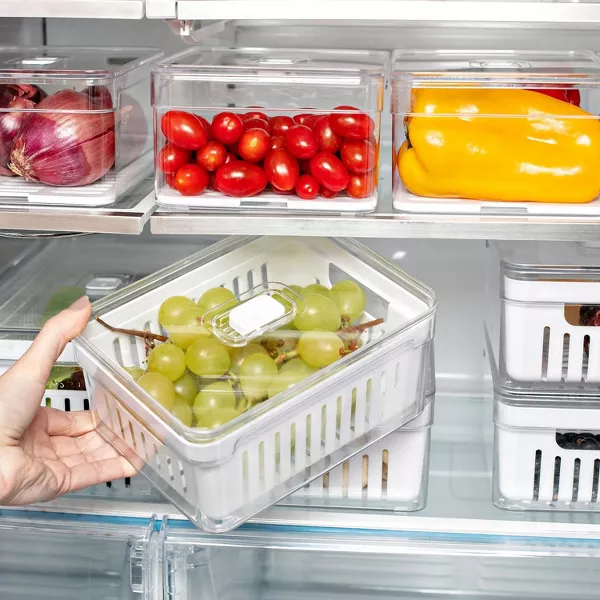 OU Fridge Organizer Bins w/ Drain Basket & Vented Lid, Clear Stackable Storage Container, BPA Free, 2 Pack (2.3qt Each)