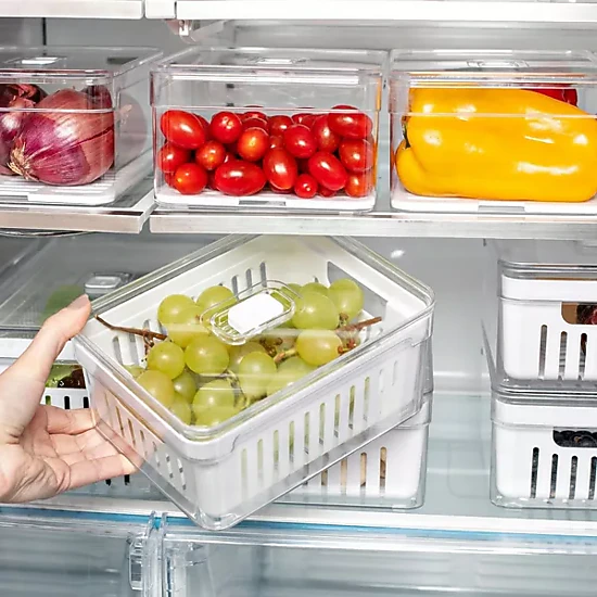 OU Fridge Organizer Bin w/ Drain Basket & Vented Lid, Clear Stackable Refrigerator Storage Container, BPA Free, 4 Pack