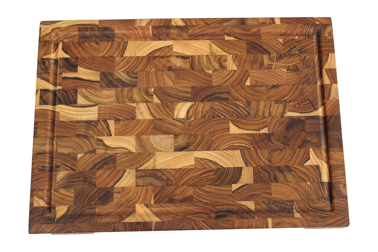 EcoDecors 14" x 10" Teak End Grain Cutting Board - Juice Channel, Carved Handles, FSC Teak