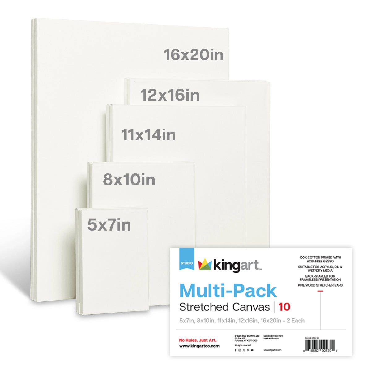 KINGART Stretched White Canvas Multi-Size Set 10 Pack - 100% Cotton, Triple-Primed (5x7, 8x10, 11x14, 12x16, 16x20)