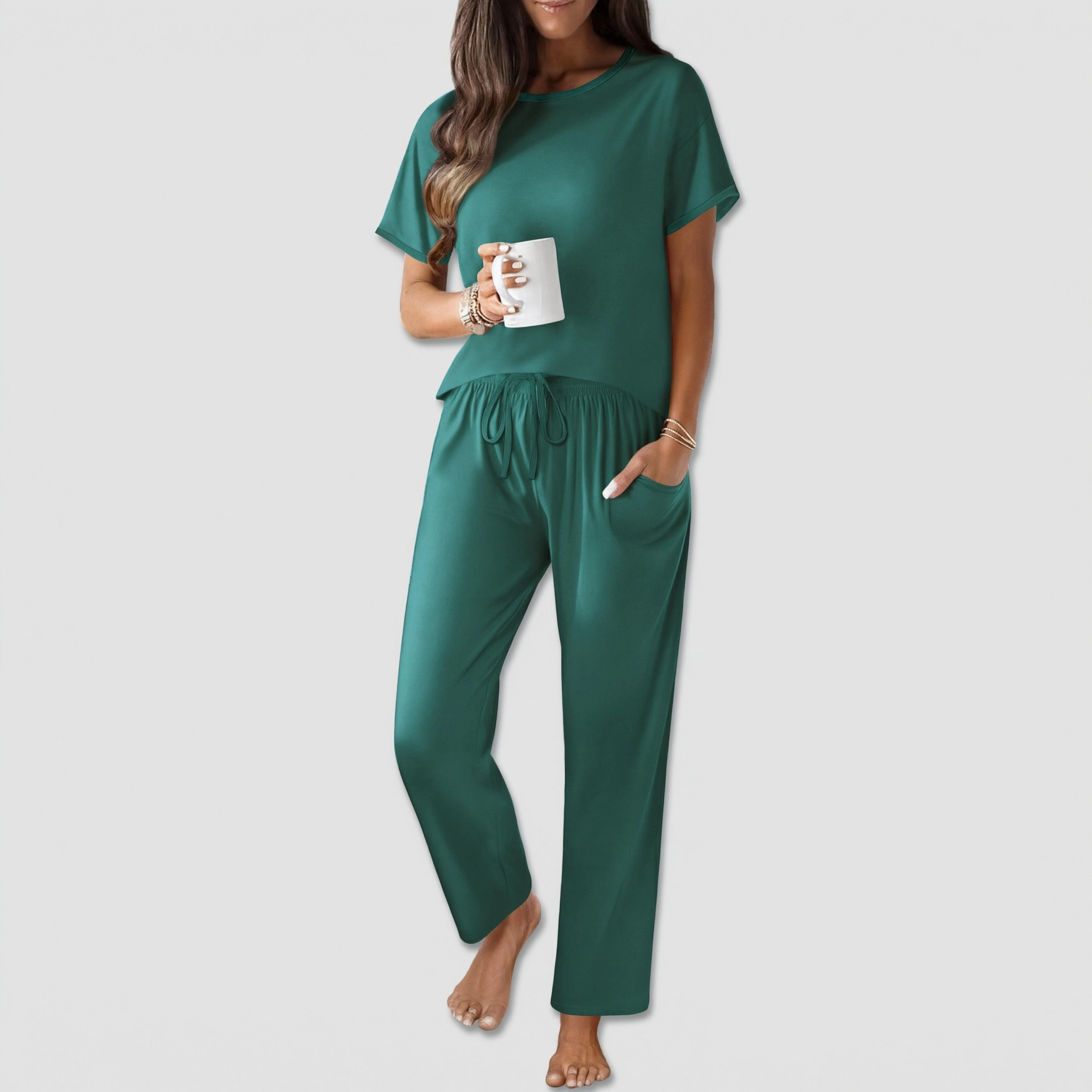 Ekouaer Cotton Pajama for Women Short Sleeve Pj Top with Long Pants 2 Piece Lounge Set Pocket