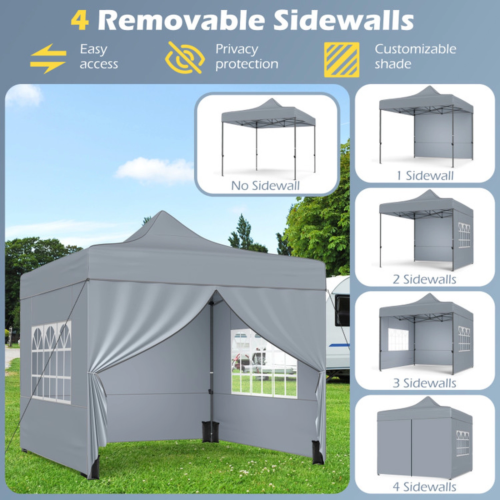SUGIFT Pop Up Canopy Tent with 4 Removable Sidewalls and Wheeled Bag 49-lb Net Weight Gray