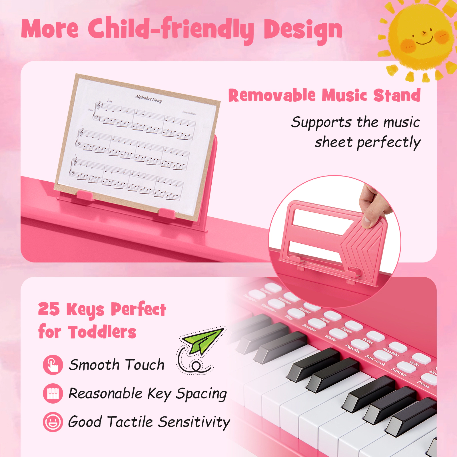 SUGIFT 25-Key Kids Piano Keyboard with Record and Playback Mini Digital Piano with Stool 15-in Wide 3+ Years Pink