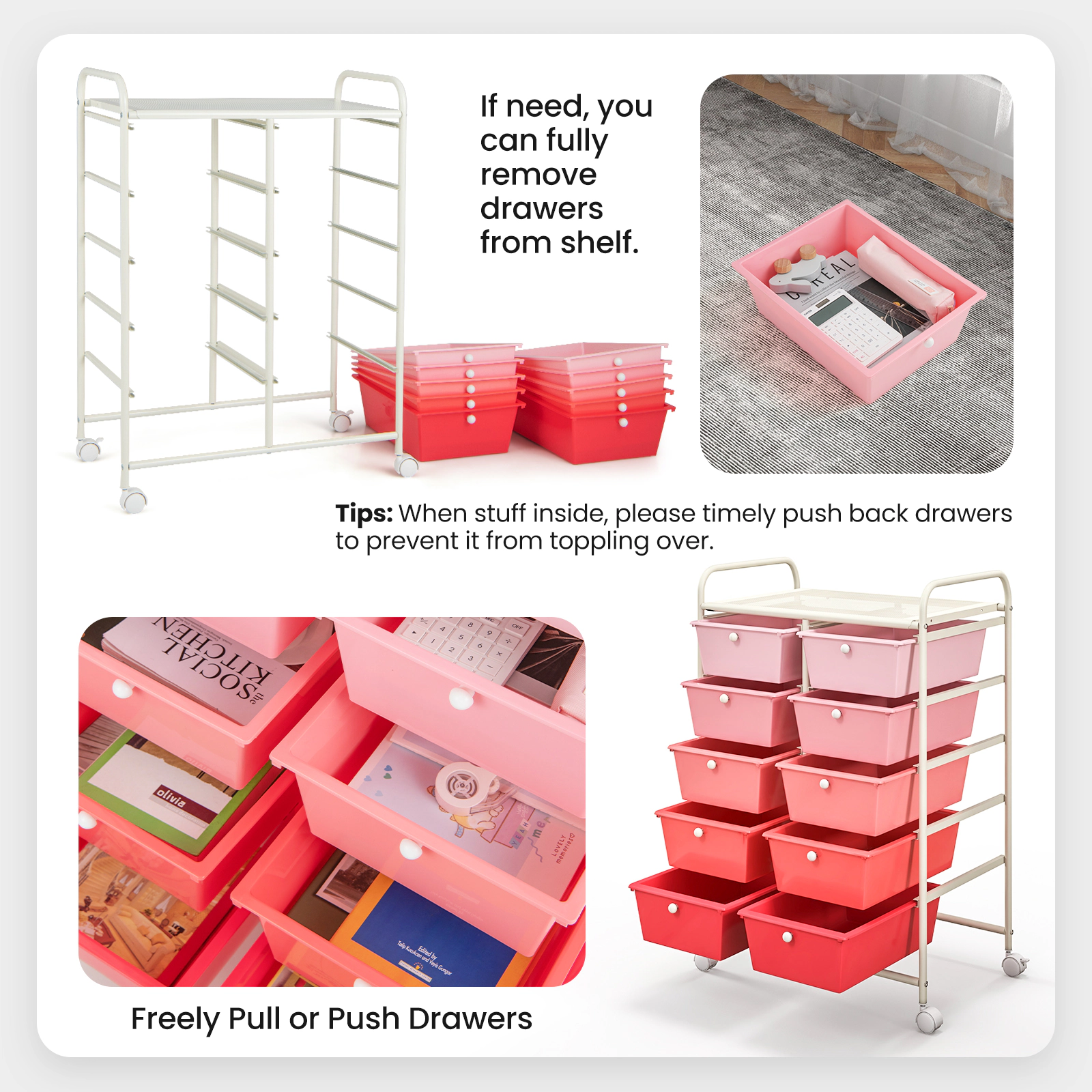 SUGIFT 10-Drawer Rolling Storage Cart with Mesh Top Platform 22-lb Top Capacity Gradient Pink As Picture Shown