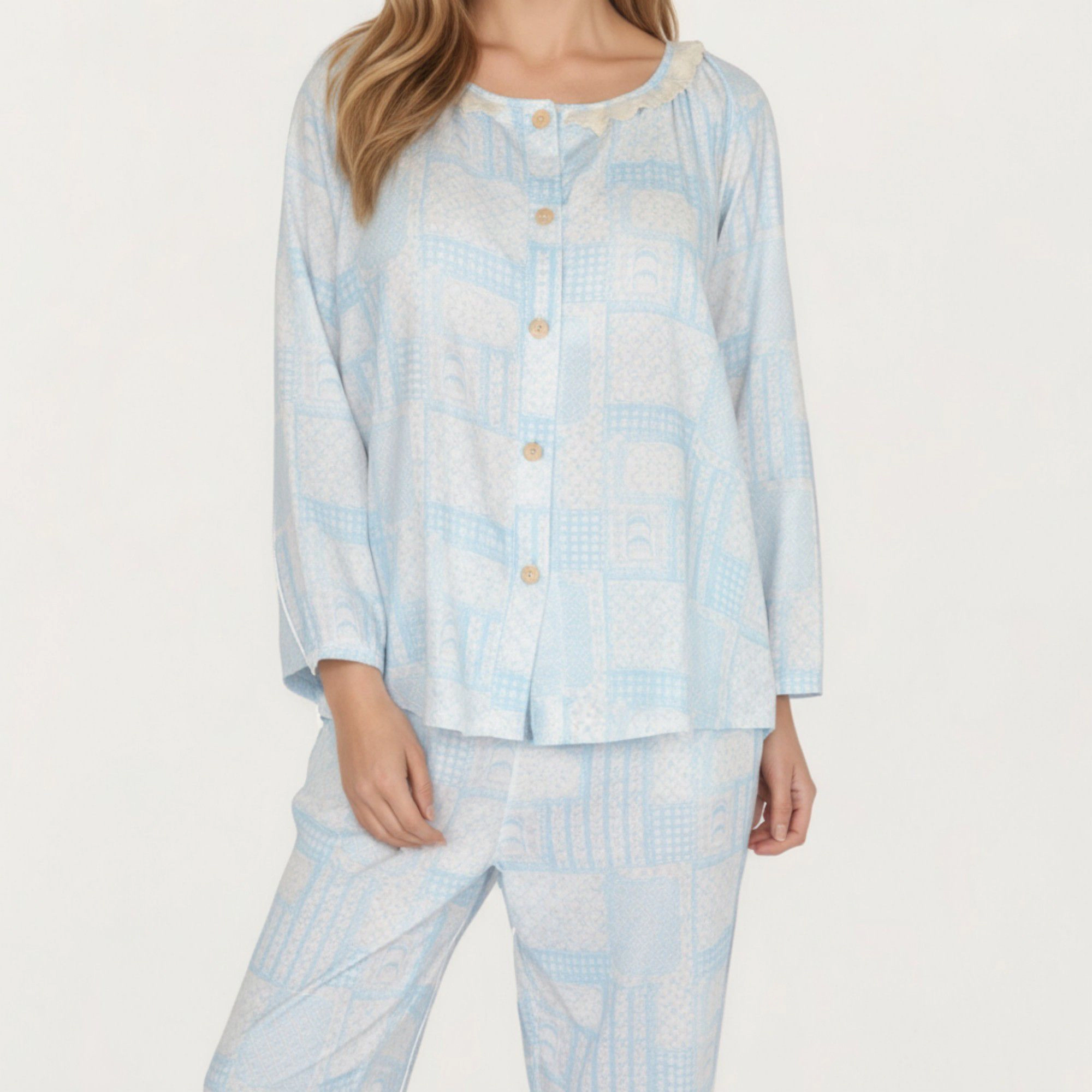 Anna-Kaci Women's 2-Piece Button Front Top with Built-In Chest Pads and Relaxed Pants Pajama Set Floral Print