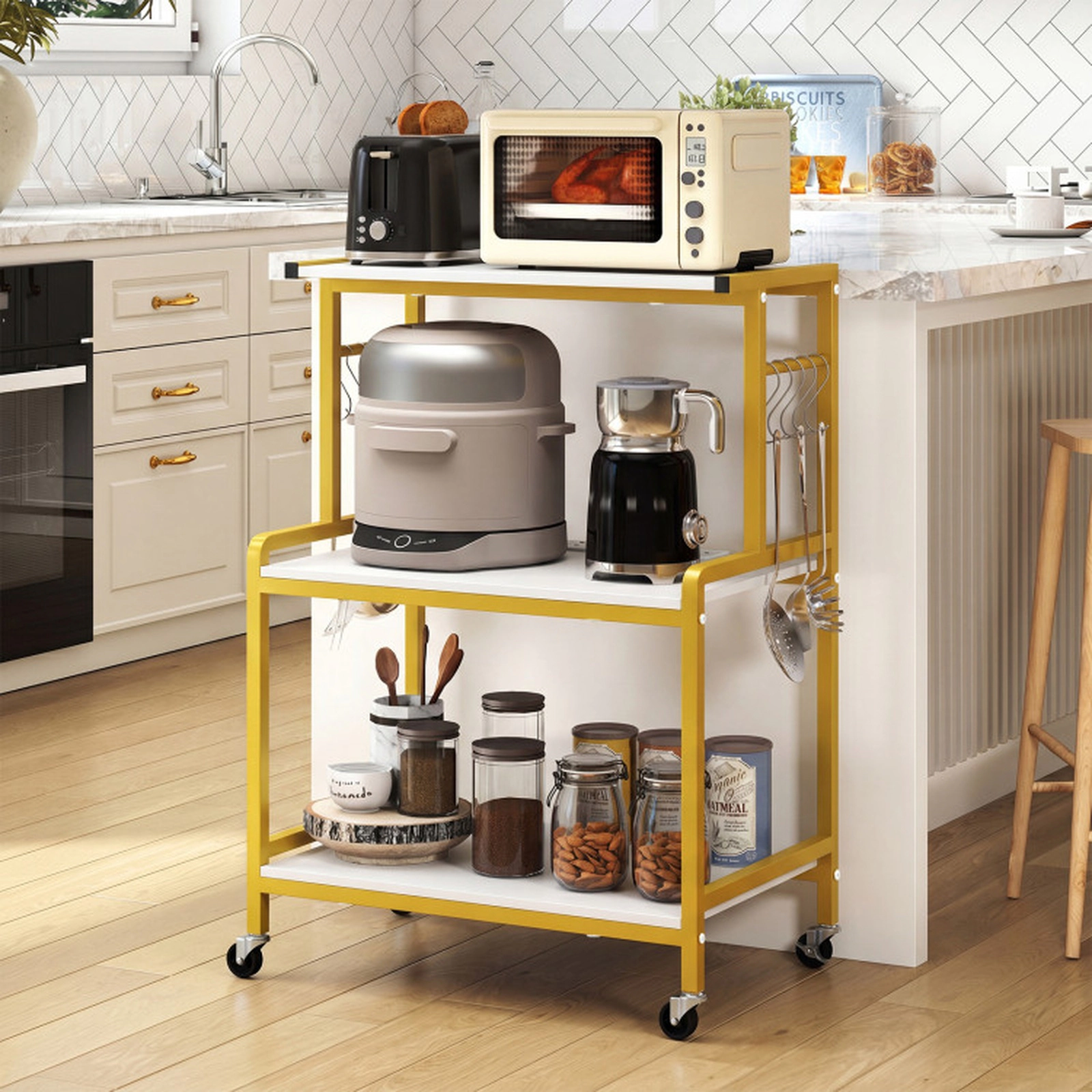 SUGIFT 3-Tier Rolling Microwave Cart with Power Outlet Lockable Wheels and 10 Hooks 286-lb Capacity White & Gold