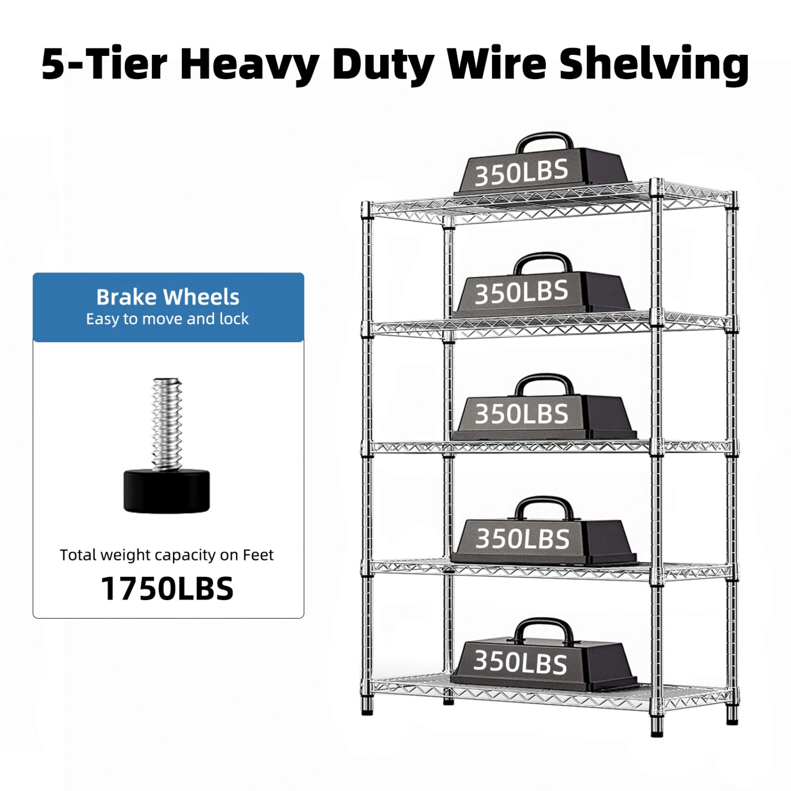 Flynama 5 Tier Steel Wire Shelving 1750 LBS 72.4 in H x 47.2 in W x 17.7 in D for Garage