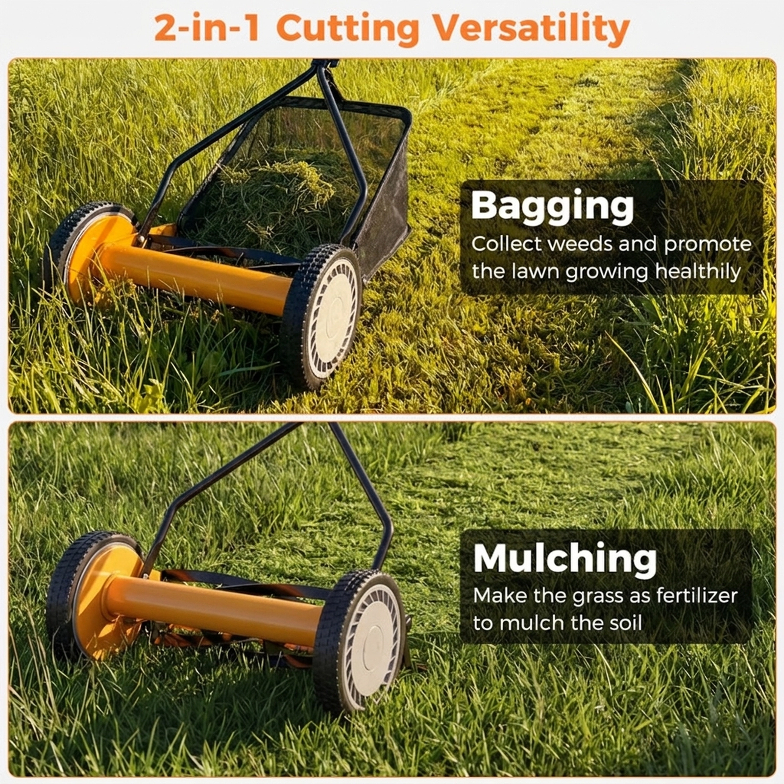 SUGIFT Manual Push Lawn Mower with 5 Steel Blades 14-in Cutting Width Grass Catcher Bag Orange
