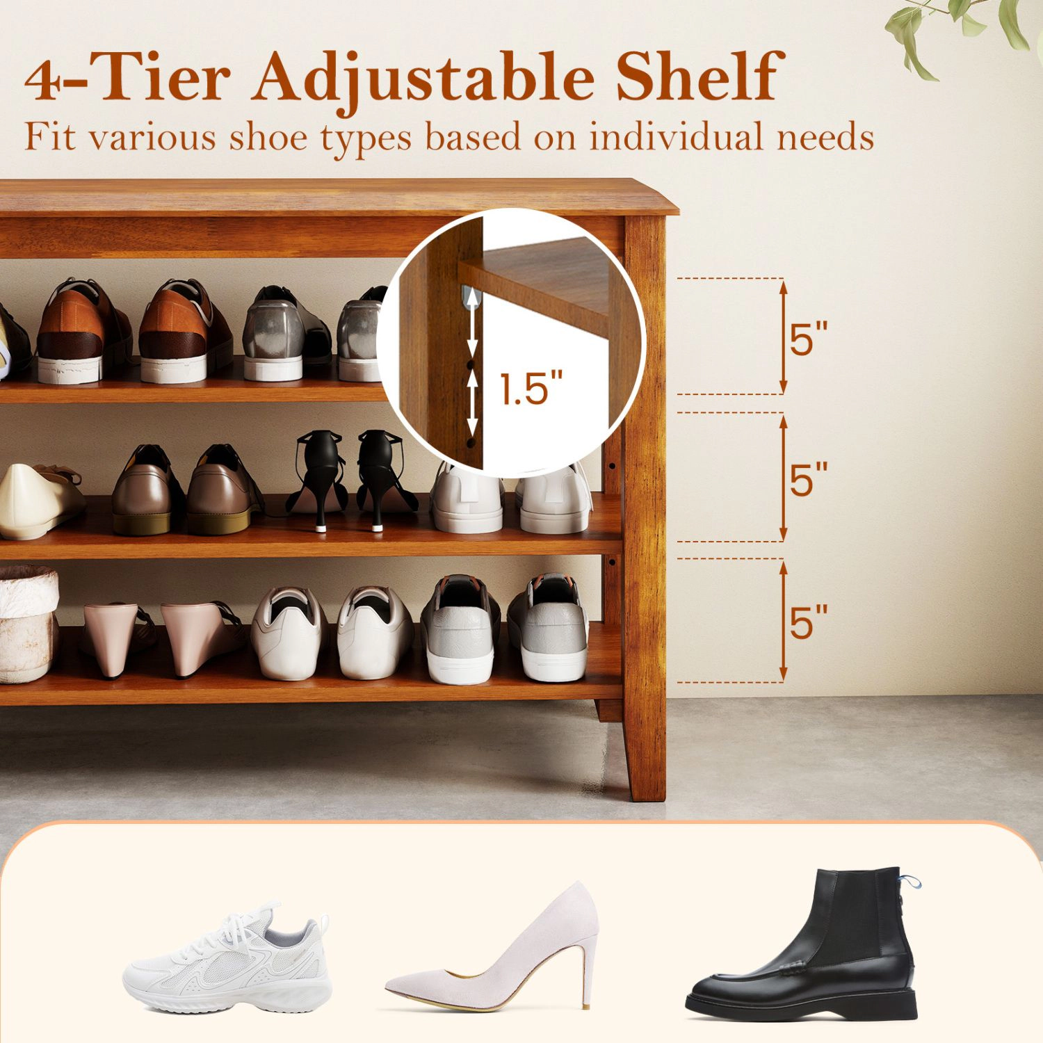 SlickBlue 3-Tier Wooden Shoe Rack Bench with Adjustable Shelves