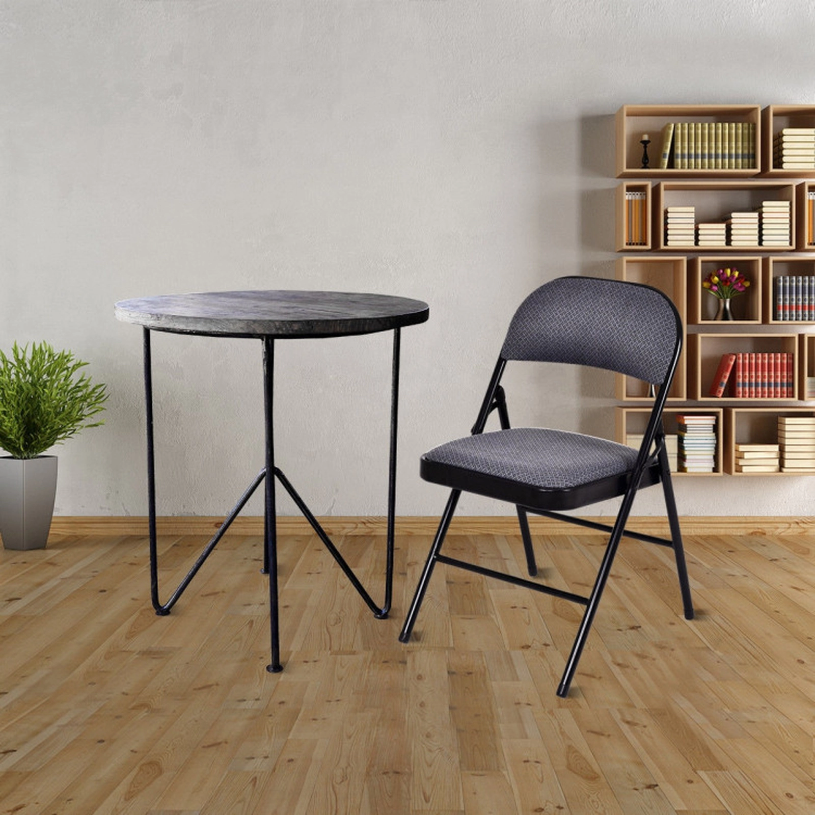 SUGIFT Set of 4 Fabric Upholstered Padded Seat Metal Frame Folding Chairs 18-in x 20-in x 30-in 265-lb Capacity Black