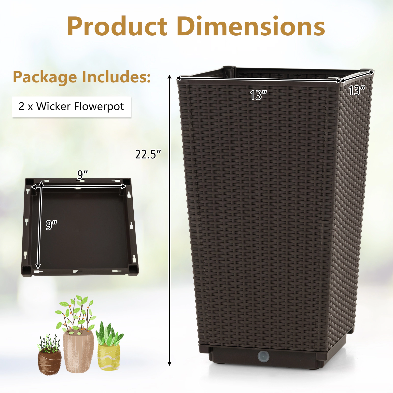 SlickBlue Set of 2 Tall Wicker Planters with Self Watering System for Outdoor Use