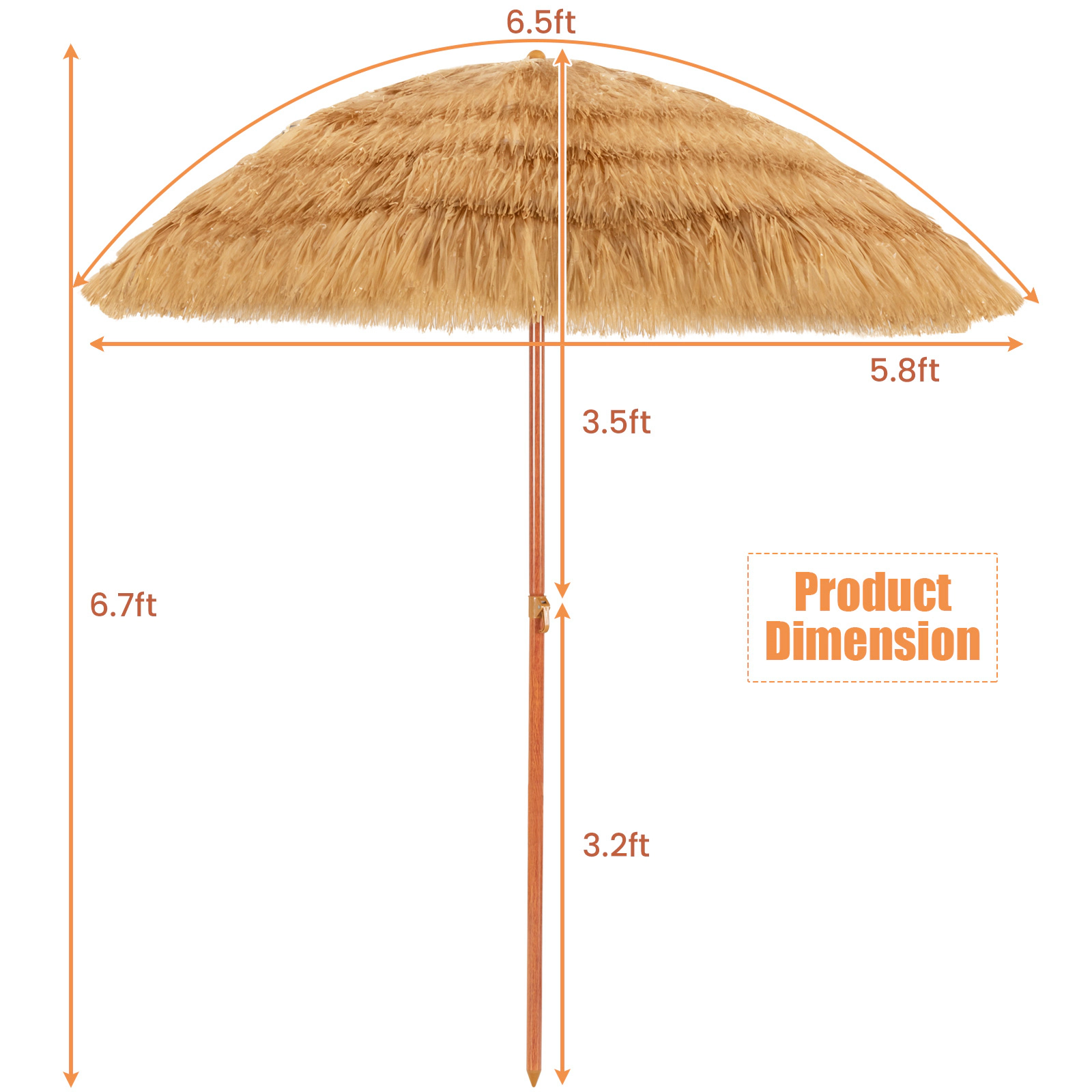 SUGIFT 6.5-ft Portable Thatched Tiki Beach Umbrella with Adjustable Tilt Iron Pole Khaki