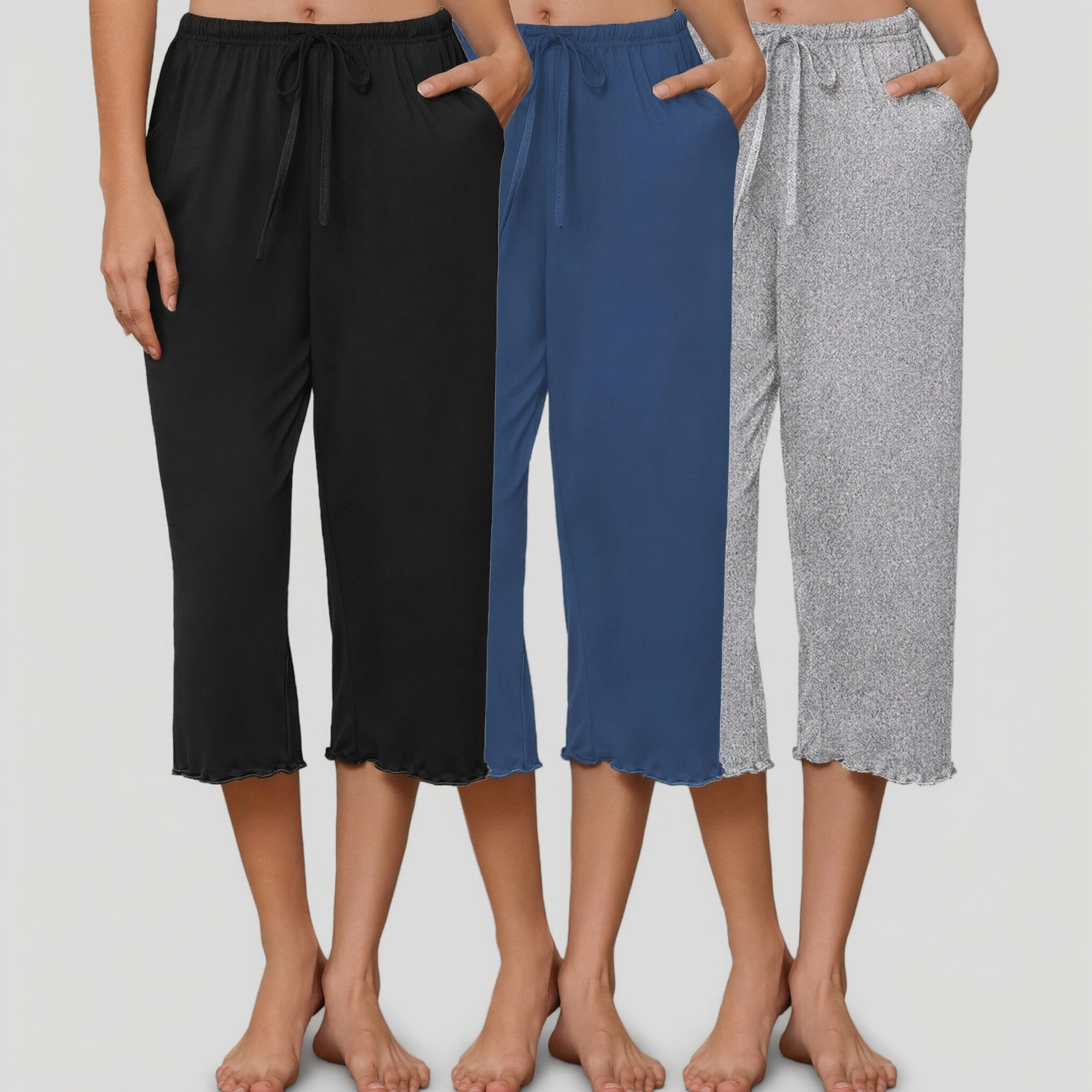 Ekouaer Women's Drawstring Capri Pajama Pants 3 Pack with Pockets