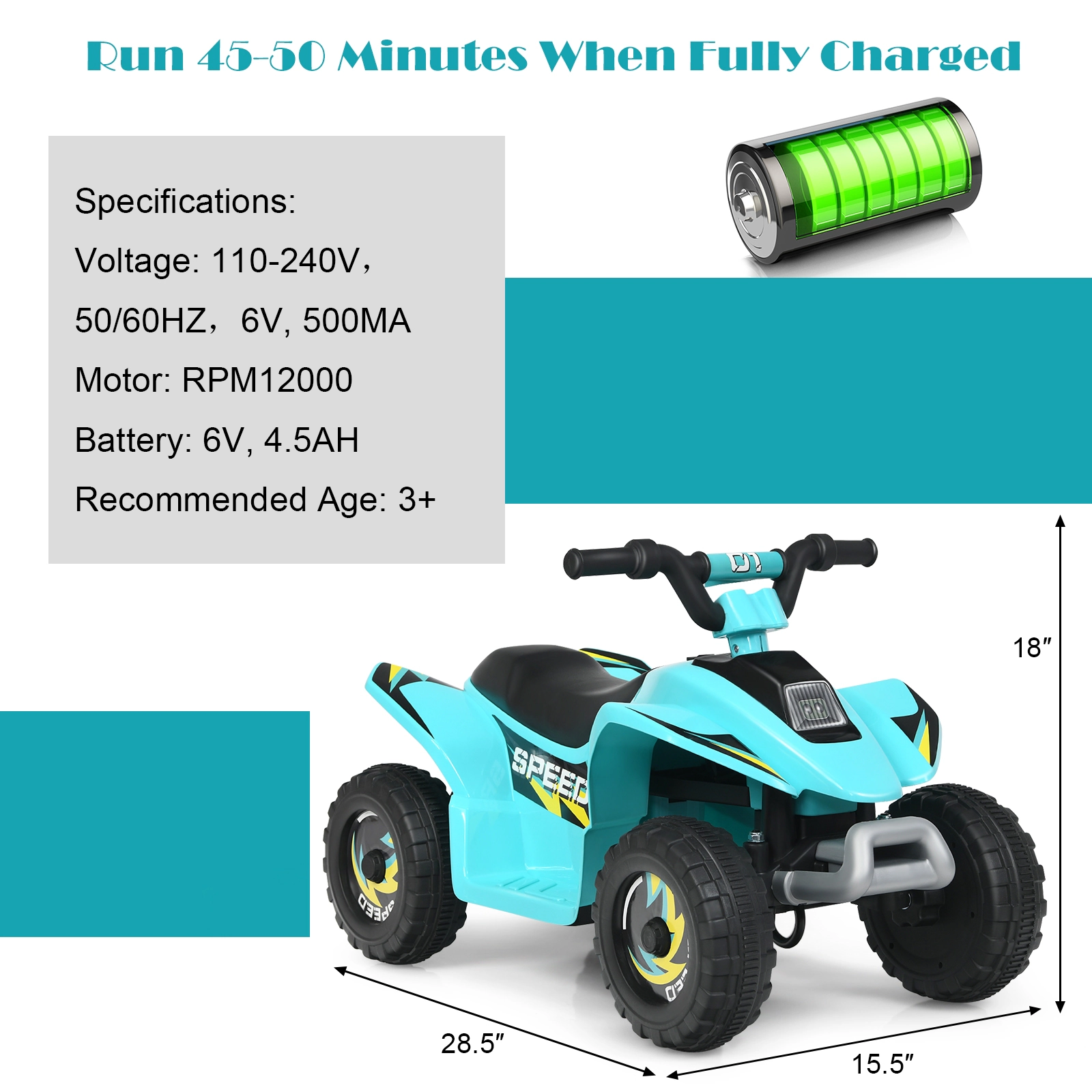 SUGIFT Blue Forward and Reverse 6V Kids Electric ATV 4-Wheel Ride-On Quad