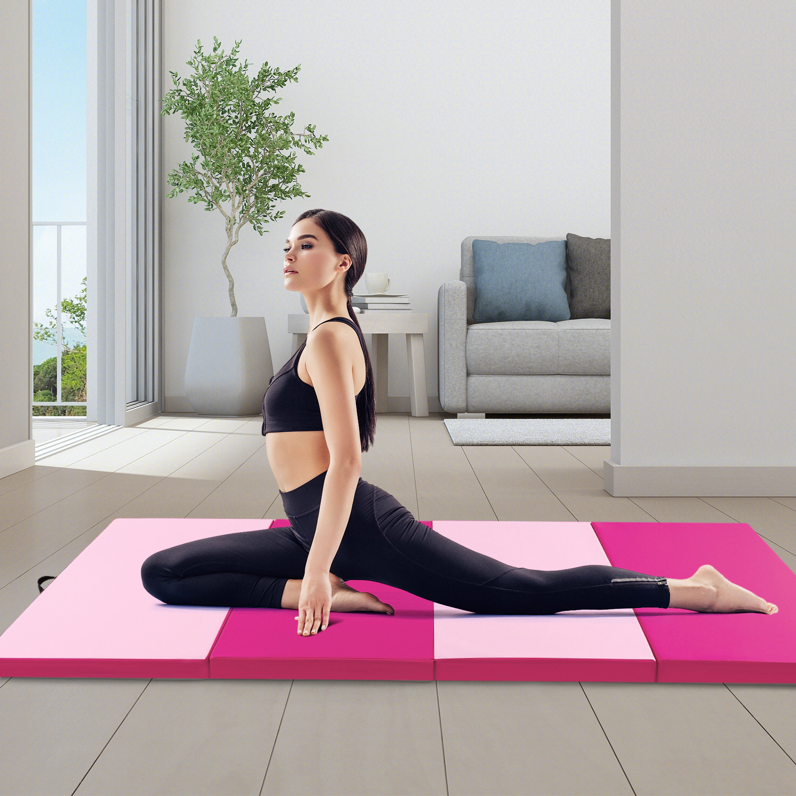 SUGIFT Hot Pink 4-Panel Folding Exercise Mat with Carry Handles and Hook and Loop Fasteners 10-ft W 4-ft D