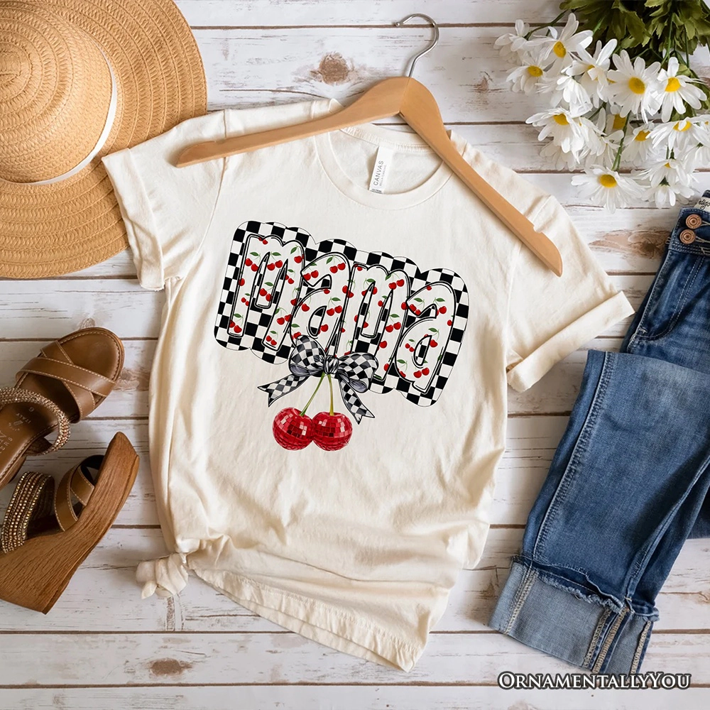 OrnamentallyYou Womens Checkered Cherry Disco Mama T-Shirt