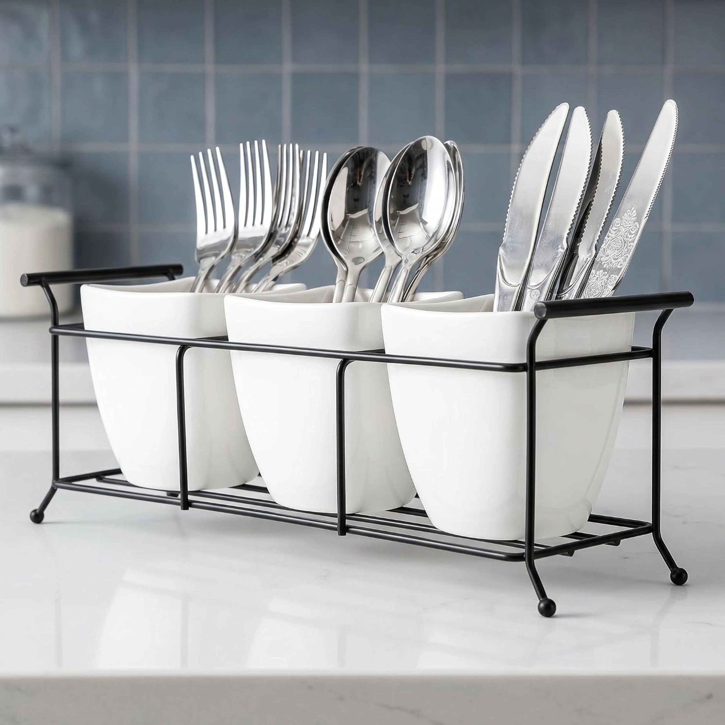 Stock Preferred White Ceramic Flatware Caddy with Metal Rack Utensil Organizer