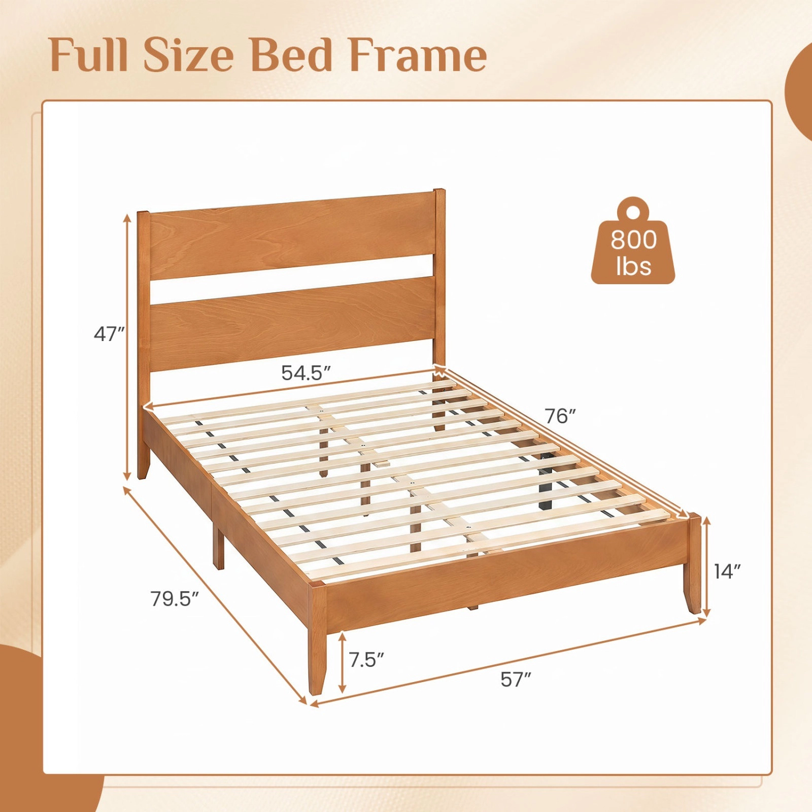 SUGIFT Full Wood Platform Bed, Panel Headboard and Footboard, 800-lb Capacity, Warm Brown