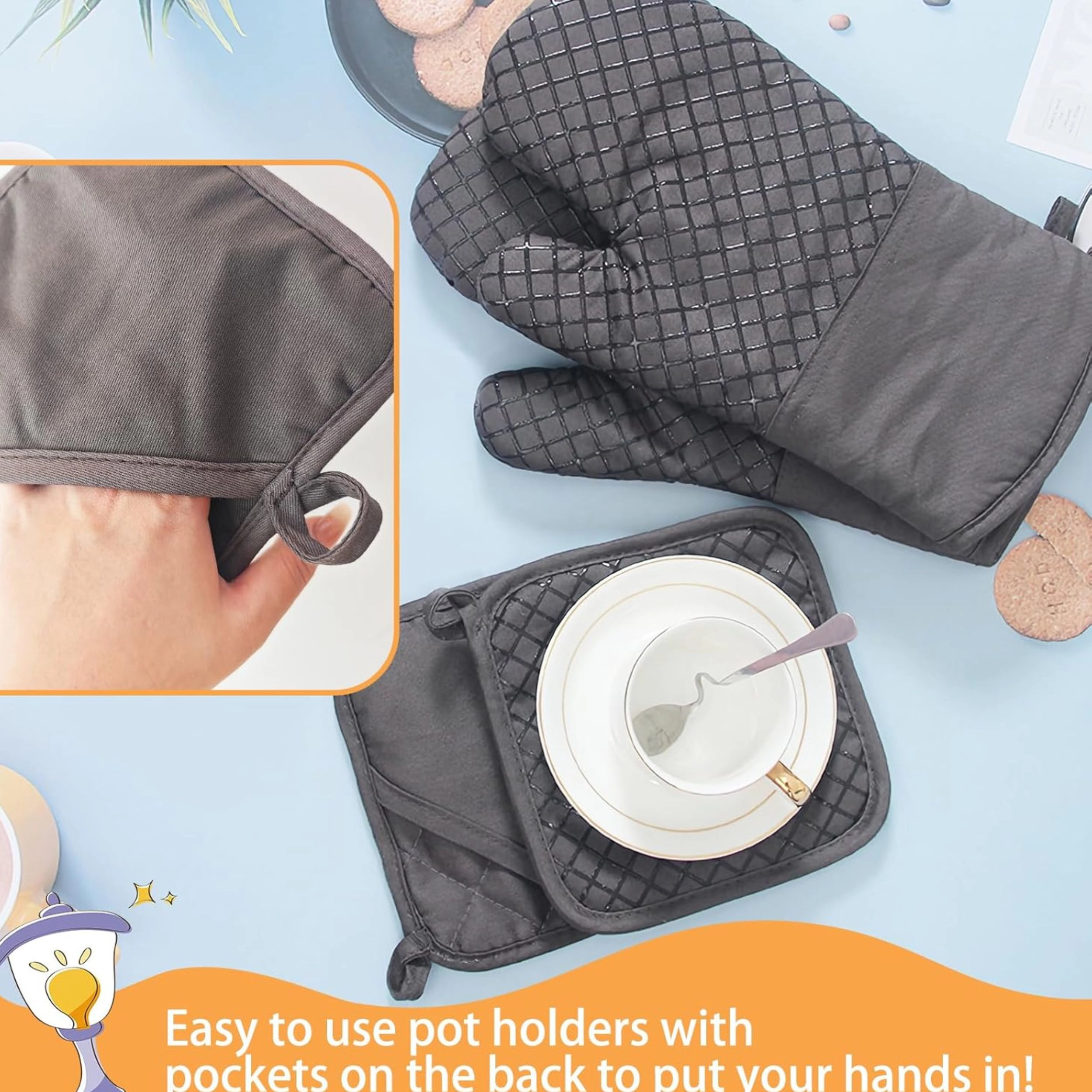 Stock Preferred Pack of 4 Heat Resistant Oven Mitts and Pot Holders Set with Silicone Grip