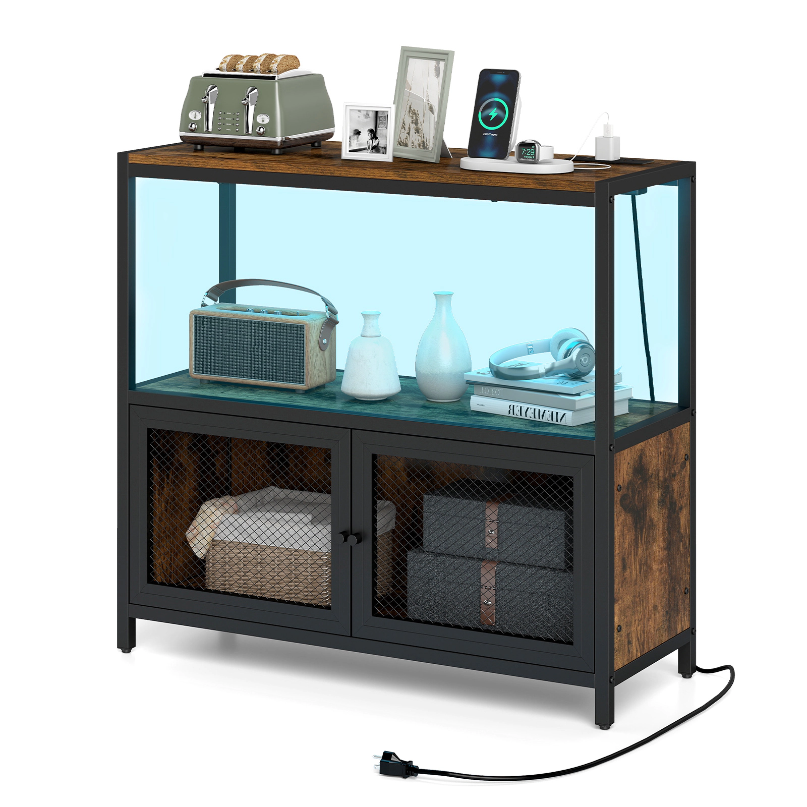 SUGIFT Industrial Coffee Bar Cabinet with LED Lights and Charging Station 110-lb Tabletop Capacity Rustic Brown & Black