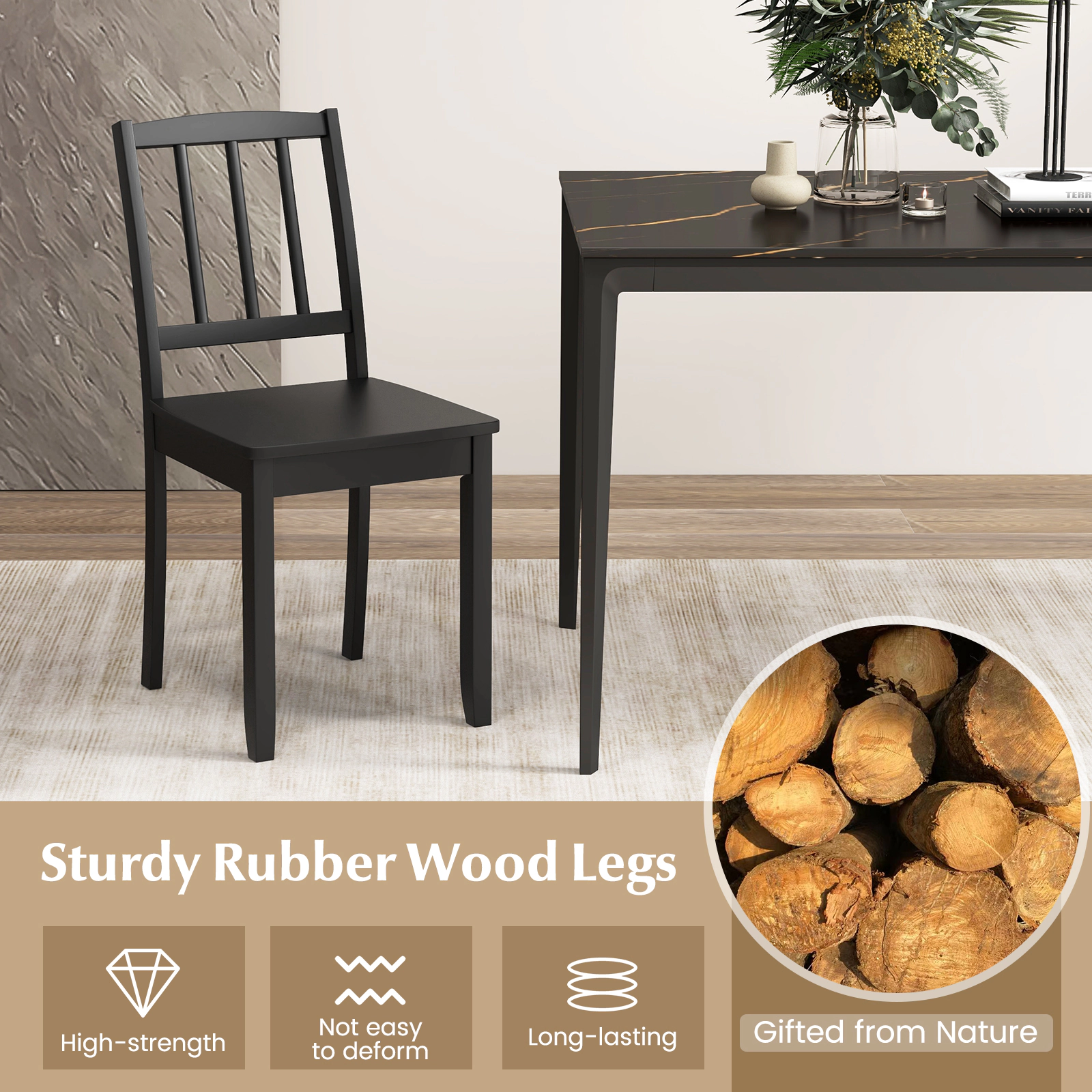 SUGIFT Solid Rubber Wood Dining Chair Set of 2 with Ladder Back 400-lb Capacity 34-in Tall 16 x 16 in Seat Black