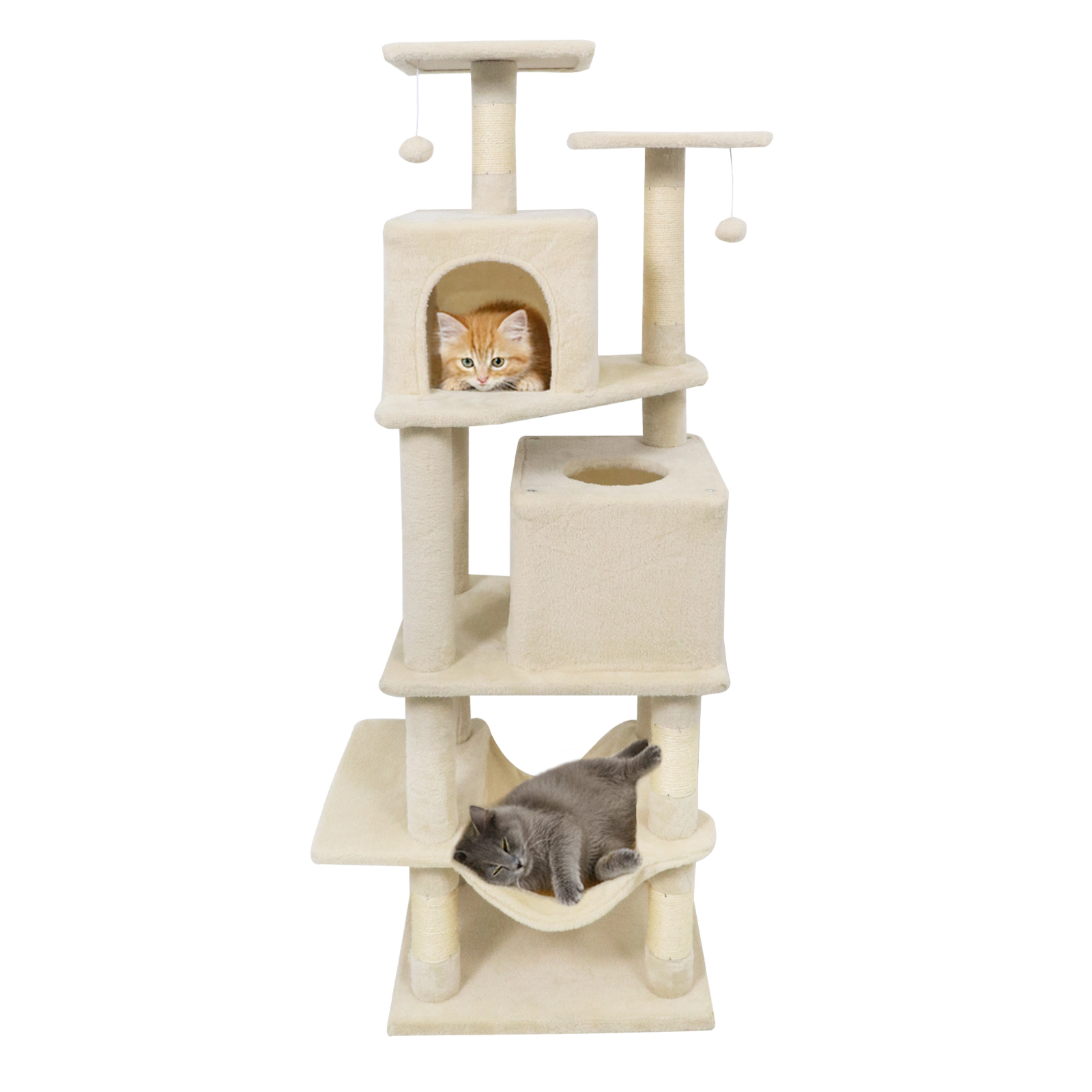 SUGIFT 57-in Beige Cat Tree Tower with 2 Condos Hammock Dangling Balls and 29-in Wide Weighted Base