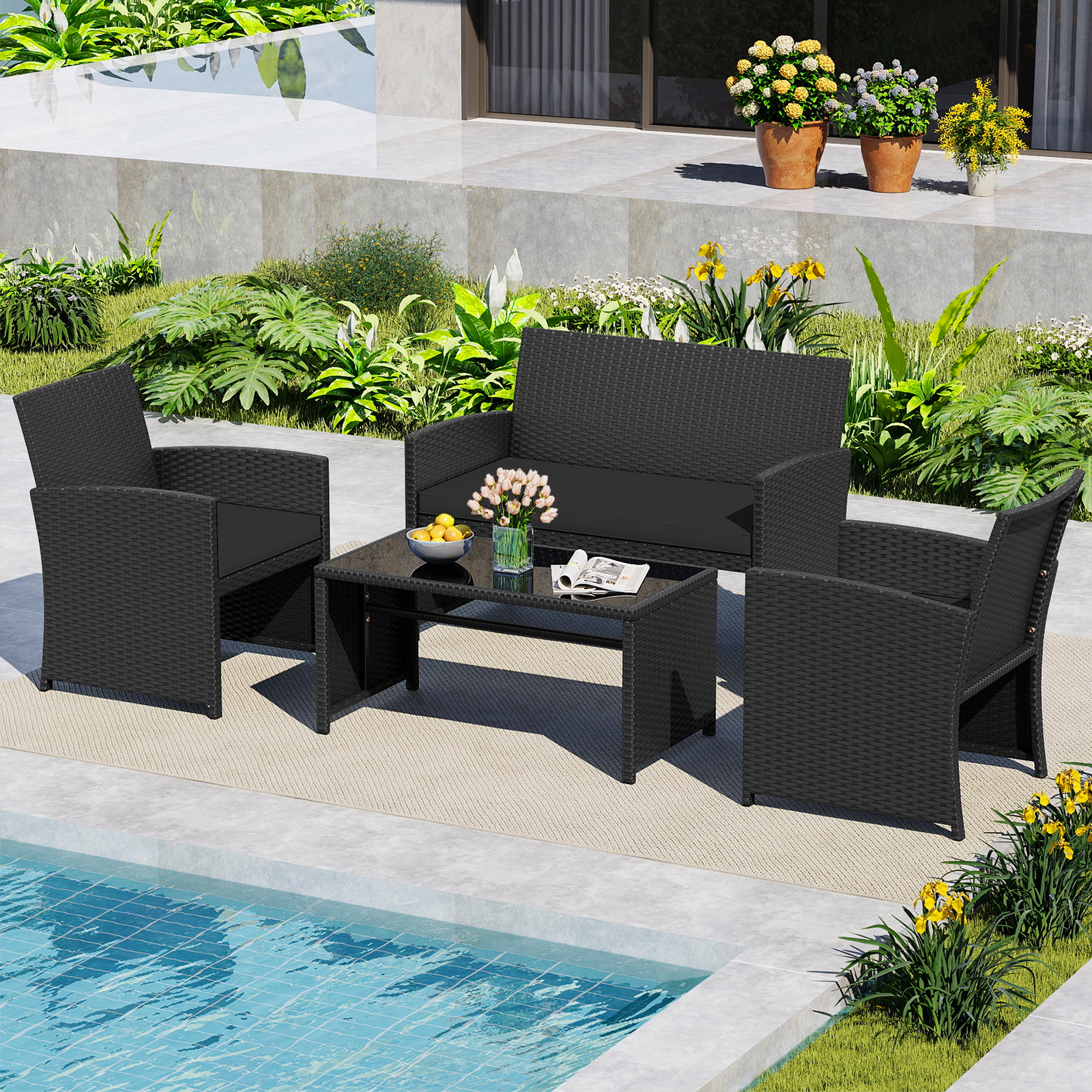 SUGIFT 4-Piece Black Rattan Patio Sofa Set with Loveseat, 2 Sofas and Coffee Table