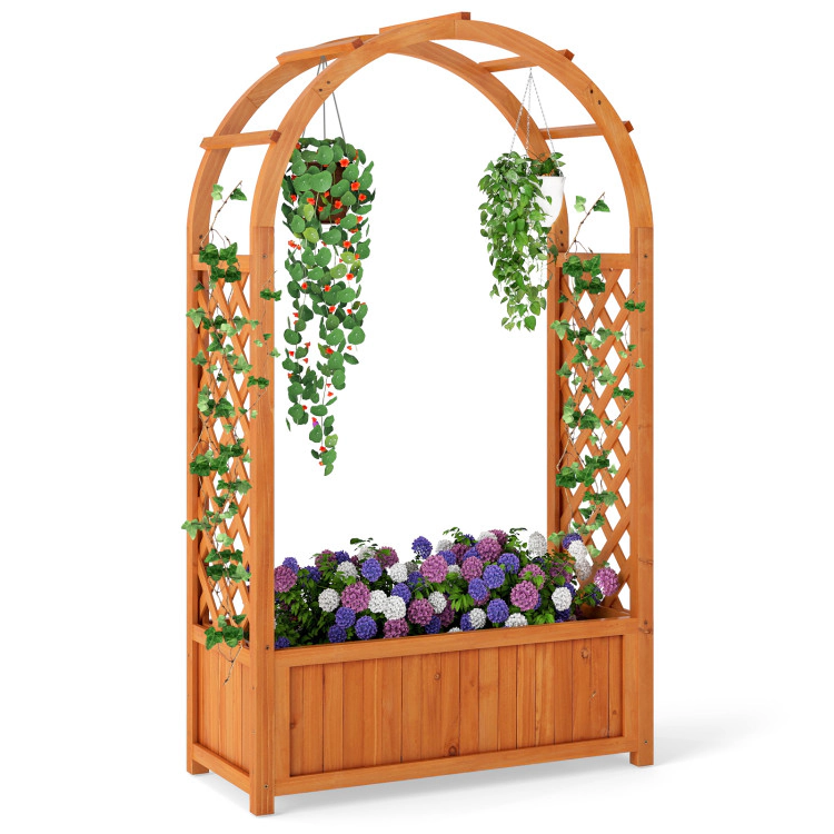 Hivvago Raised Garden Bed with Lattice Trellis Ached Roof Wooden Elevated Planter Box-Brown