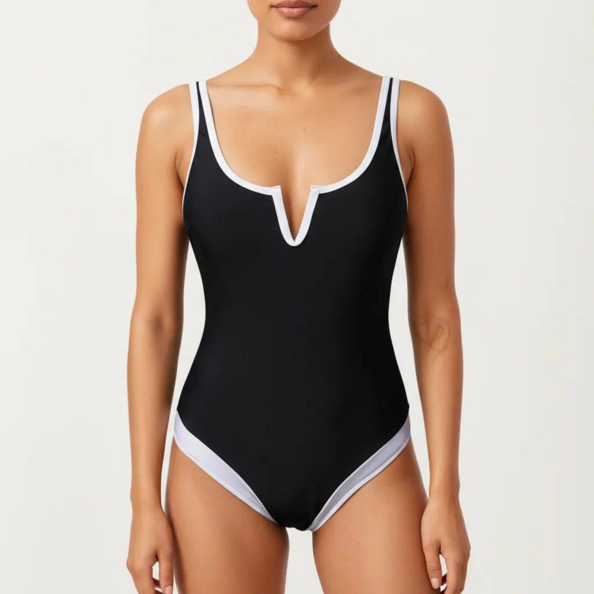 Anna-Kaci Women One Piece Swimsuit - Notched Scoop Neck, Contrast Trim, Contoured Fit
