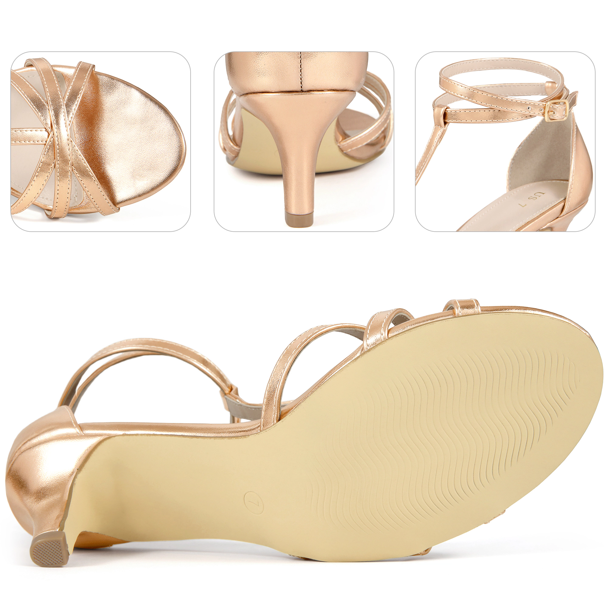 BLISSFUL STEP Women's Open Toe Strappy Metallic Kitten Heel Ankle Strap Sandals
