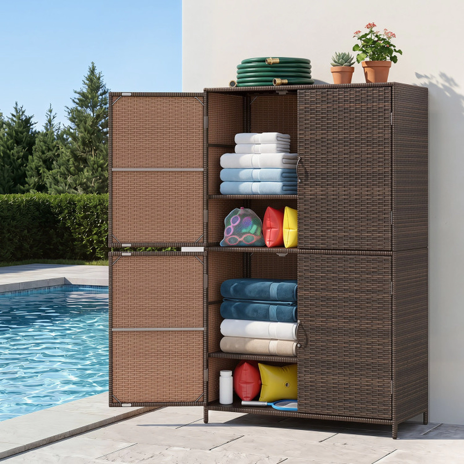 SUGIFT 4-Door Adjustable Shelves Hand-Woven PE Rattan Vertical Storage Shed 35.5-in x 16-in x 58-in 80-lb Shelf Brown