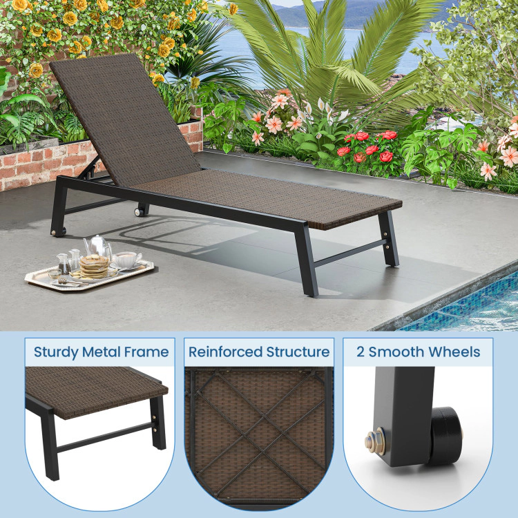Hivvago Patio Pe Rattan Chaise Lounge With 5-Level Backrest And Wheels