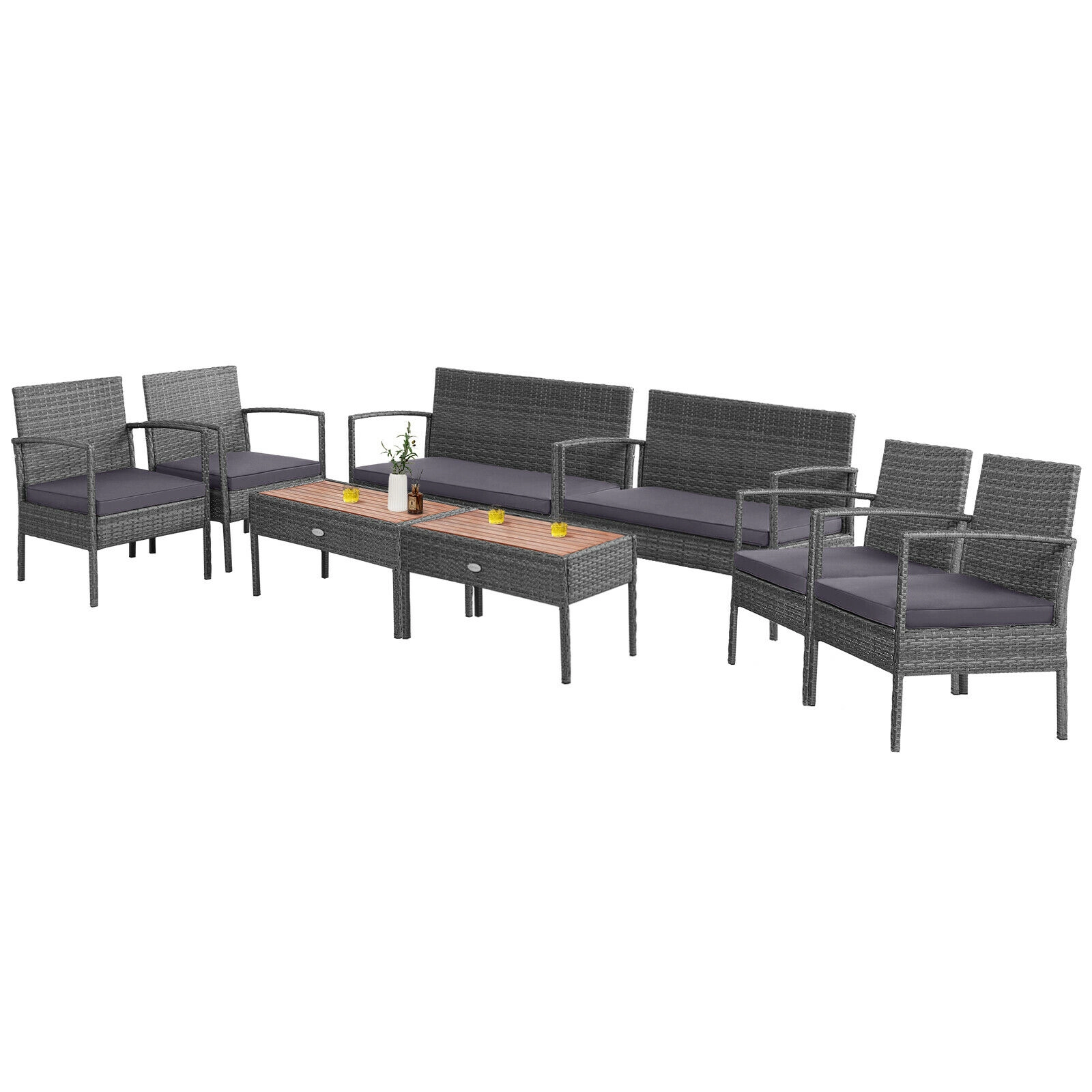 SUGIFT Gray Acacia Wood Tabletop and Cushions 4-Piece Rattan Patio Conversation Set