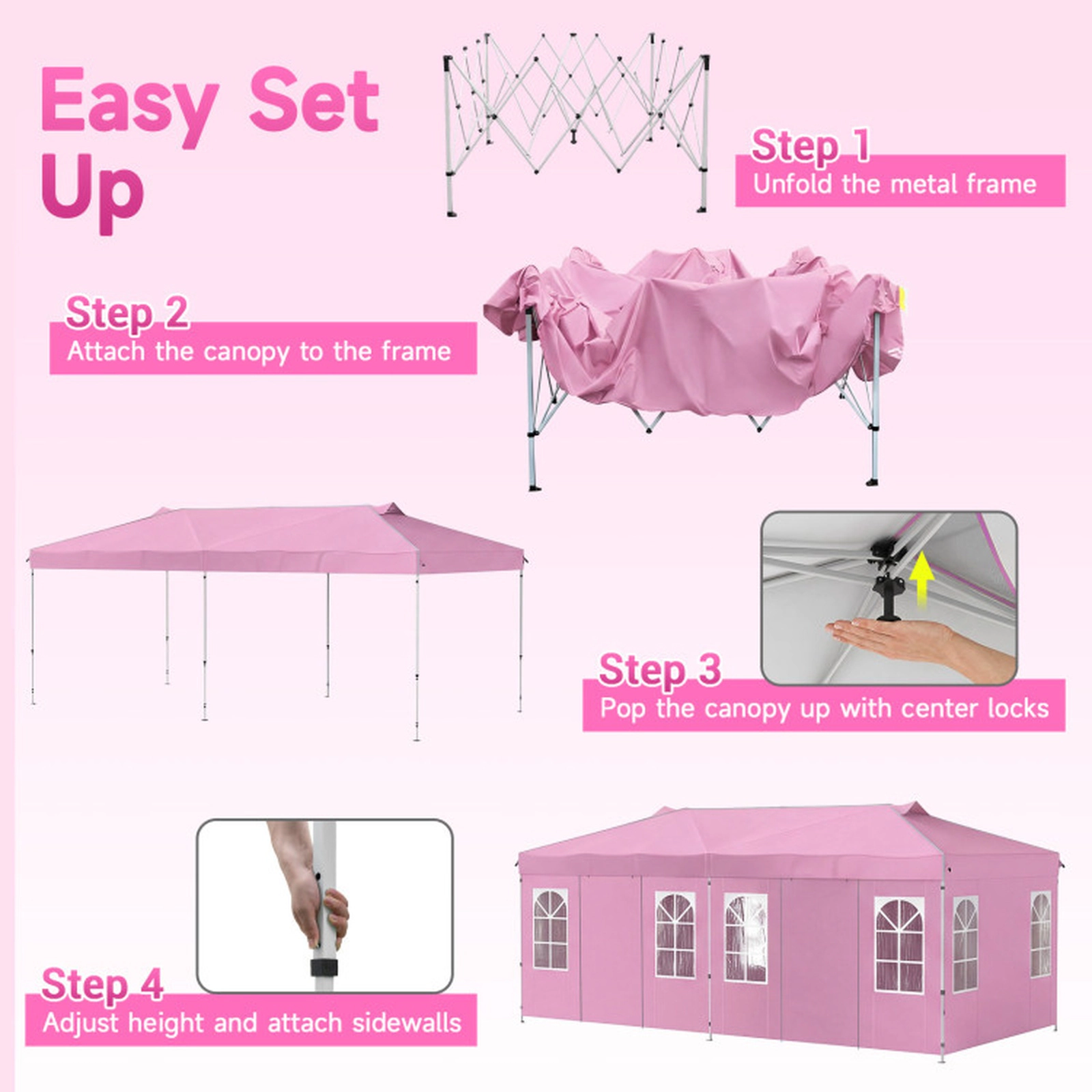 SUGIFT Pink 10-ft by 20-ft 3-Level 210D Oxford Pop Up Canopy Tent with 6 Sidewalls and Zippered Doors