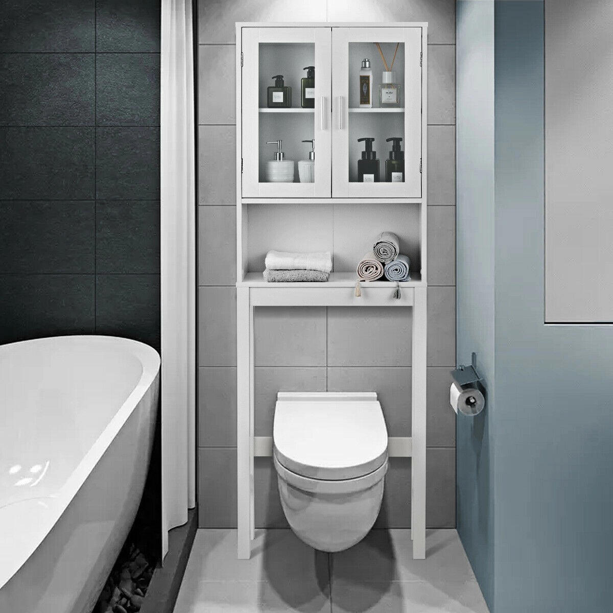 SlickBlue White Over Toilet Bathroom Storage Cabinet with Glass