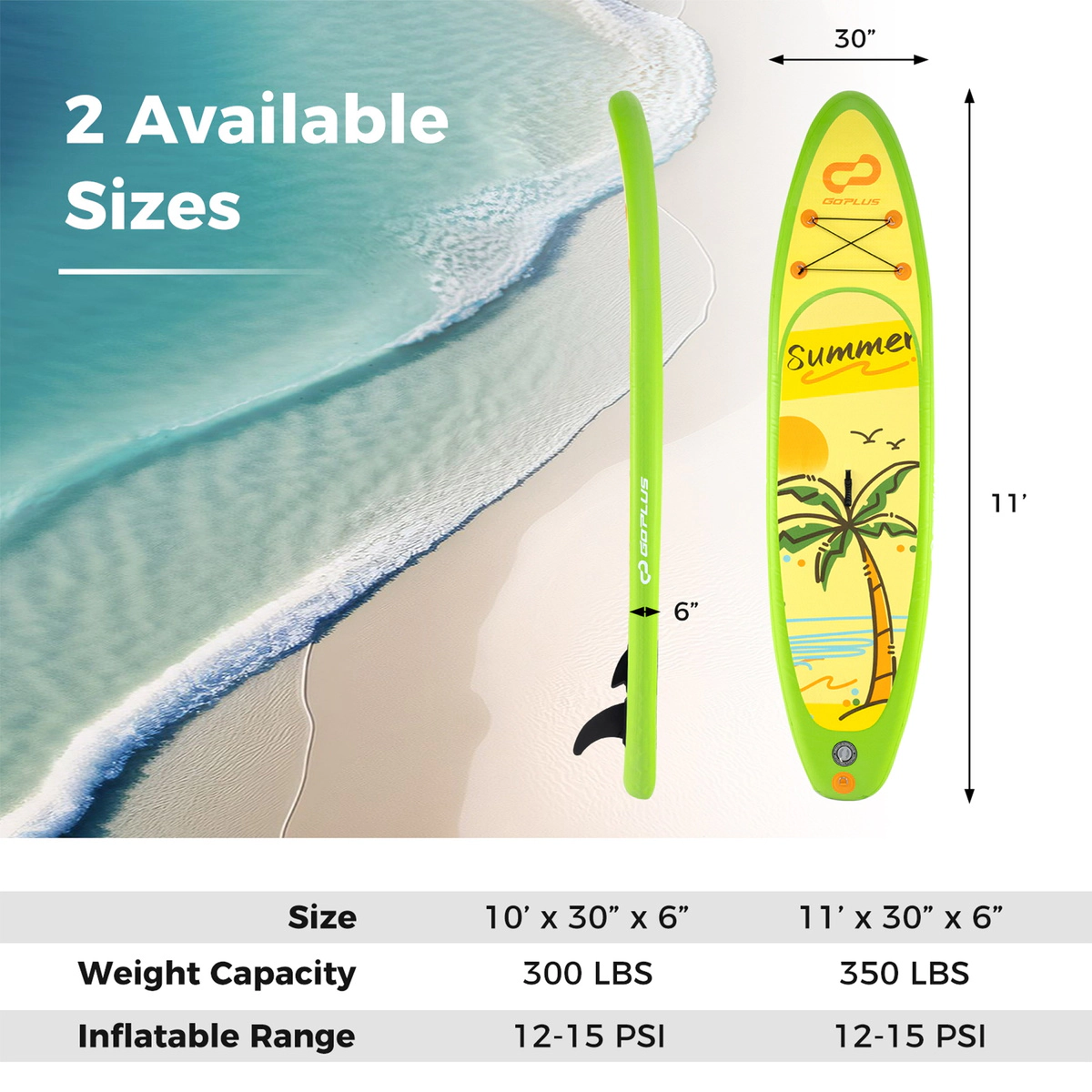 SUGIFT Adult Green 11-ft Inflatable Paddle Board with 3 Removable Fins and Hand Pump 30-in W 350-lb Rider Capacity
